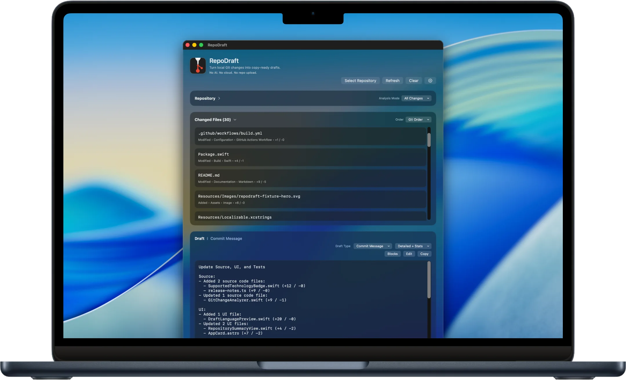RepoDraft showing changed files grouped by source, documentation, assets, configuration, localization, tests, and other detected areas.