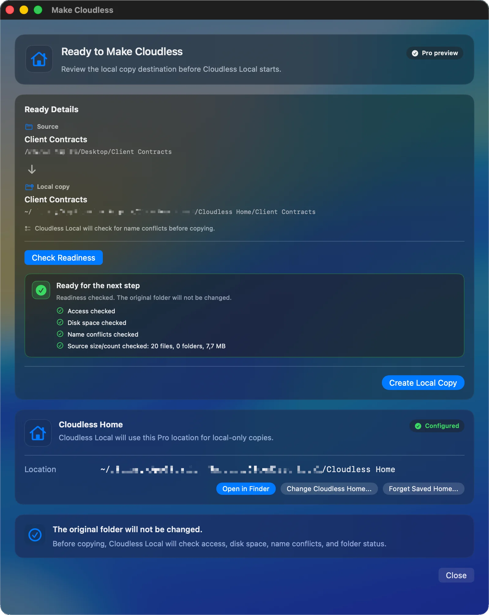 Make Cloudless readiness screen showing source and local copy destinations with access, disk space, name conflict, and source size checks.