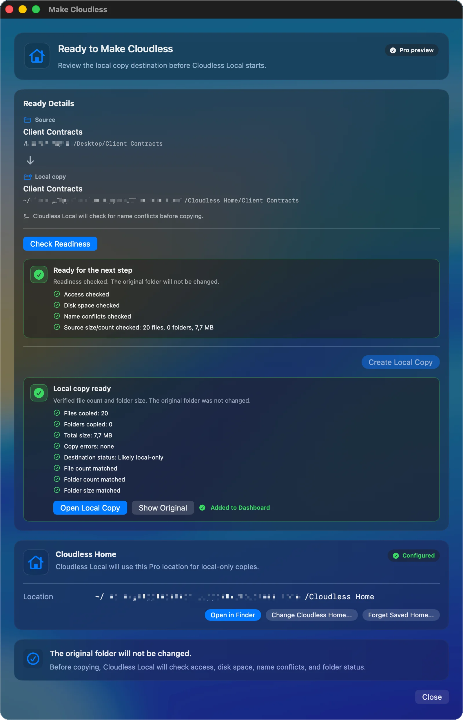 Make Cloudless result screen showing a local copy ready with file count, folder count, total size, copy errors, and destination status.