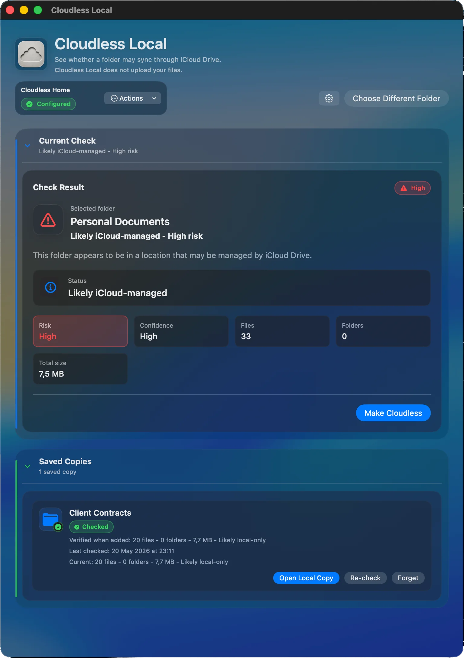 Cloudless Local dashboard showing current check details and saved local copy records.