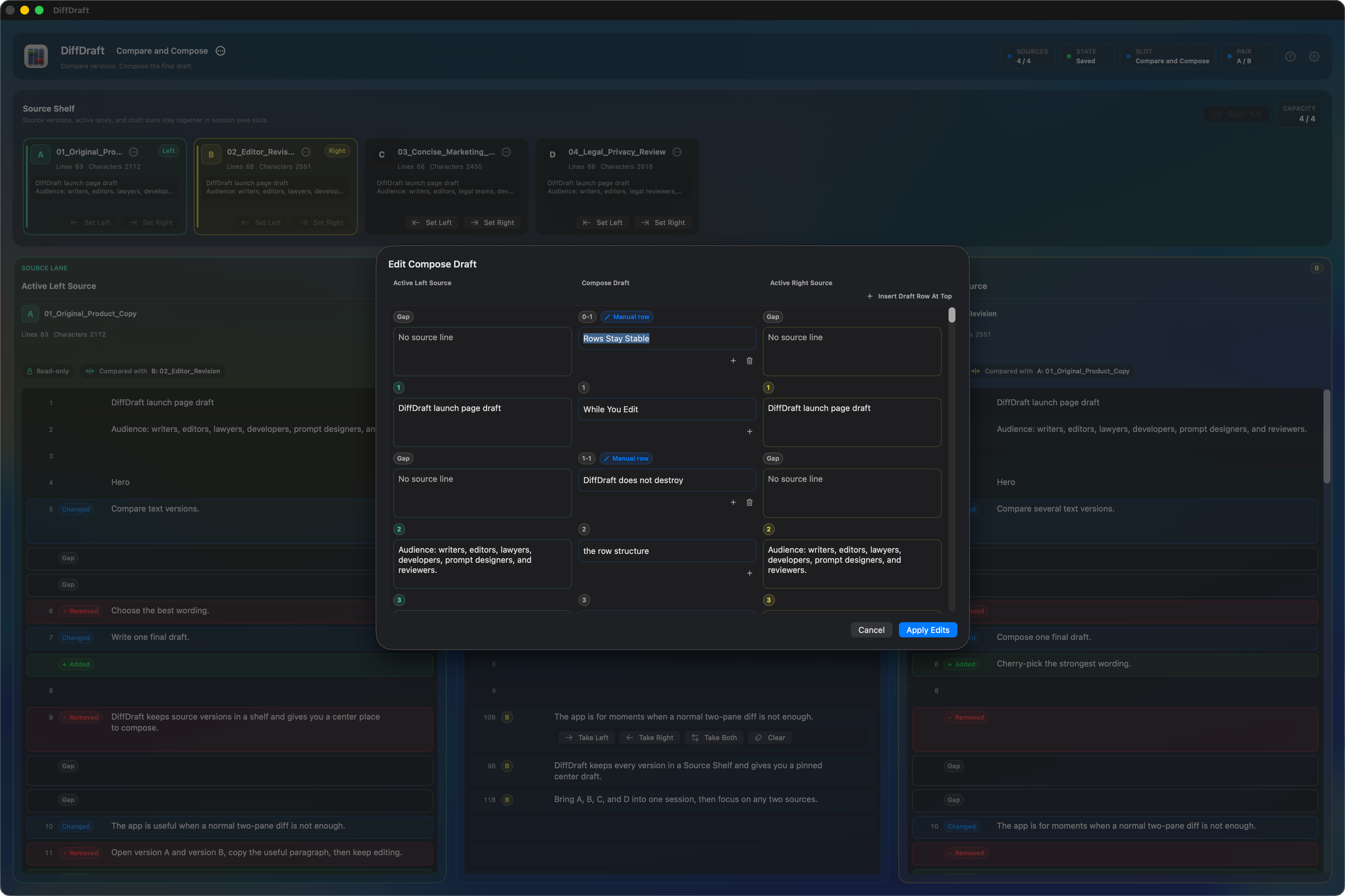 DiffDraft edit sheet showing manual Compose Draft rows aligned with source gaps.