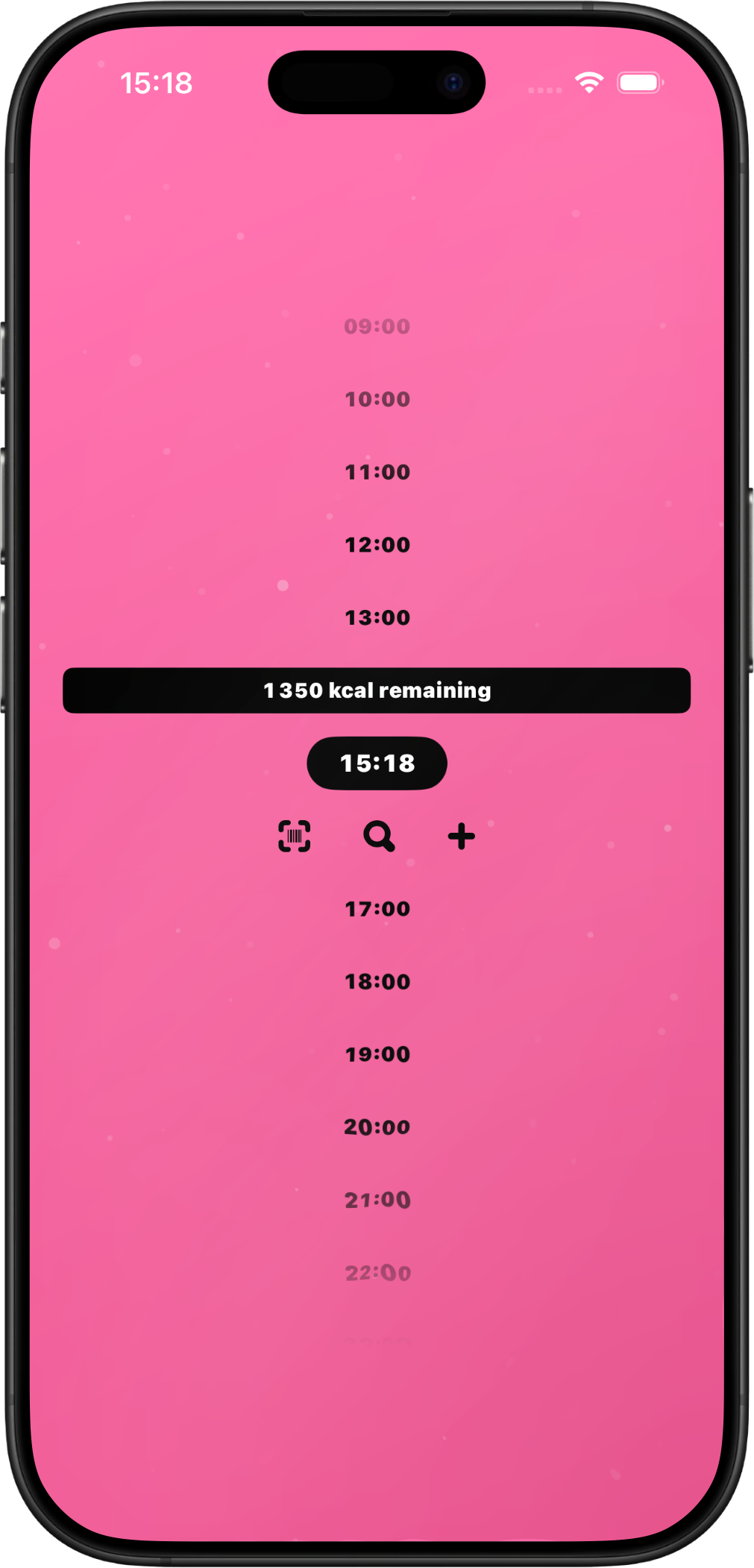 Kcal Crash on iPhone showing an empty timeline focused on today's calorie budget.