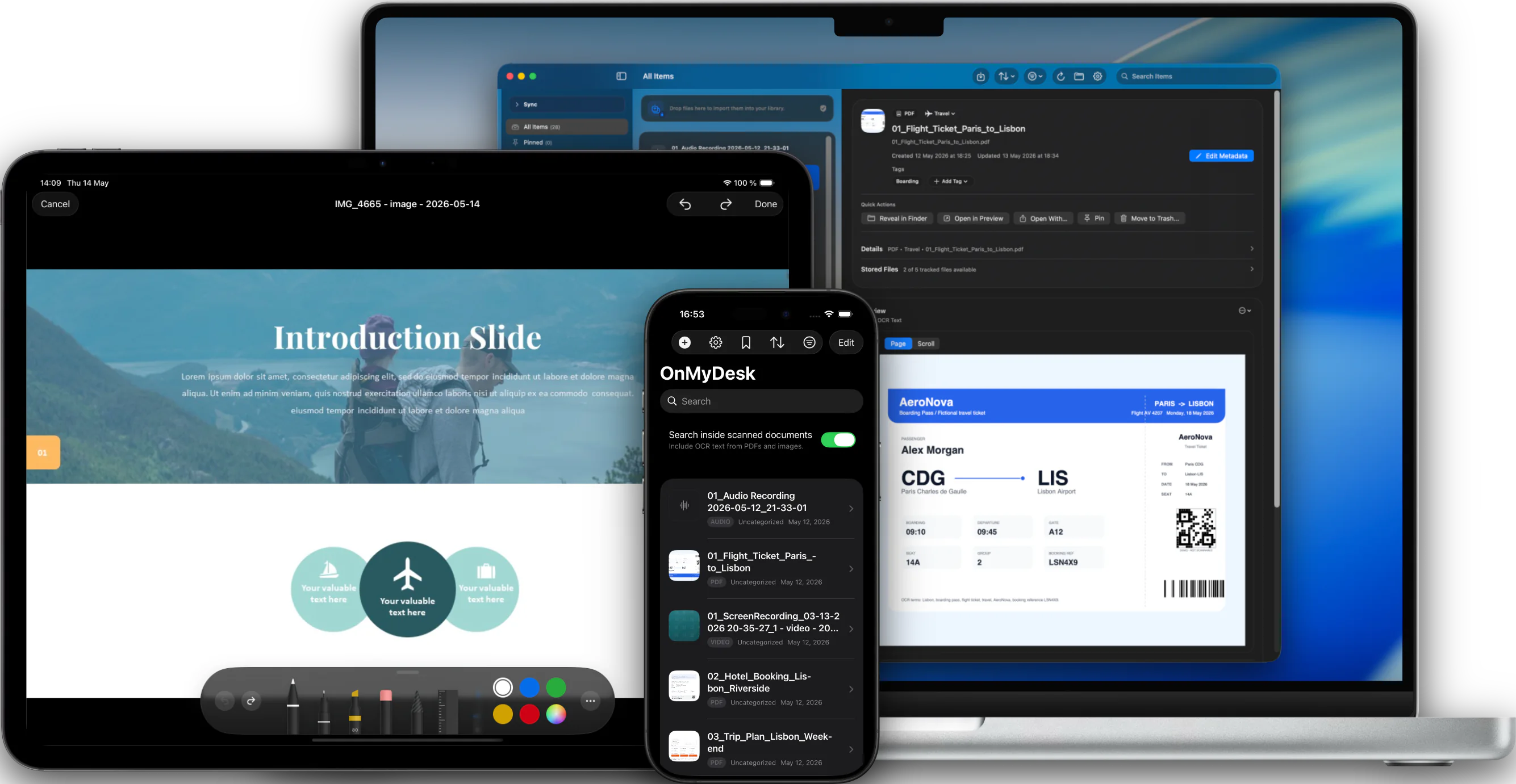 OnMyDesk shown across Mac, iPad, and iPhone.