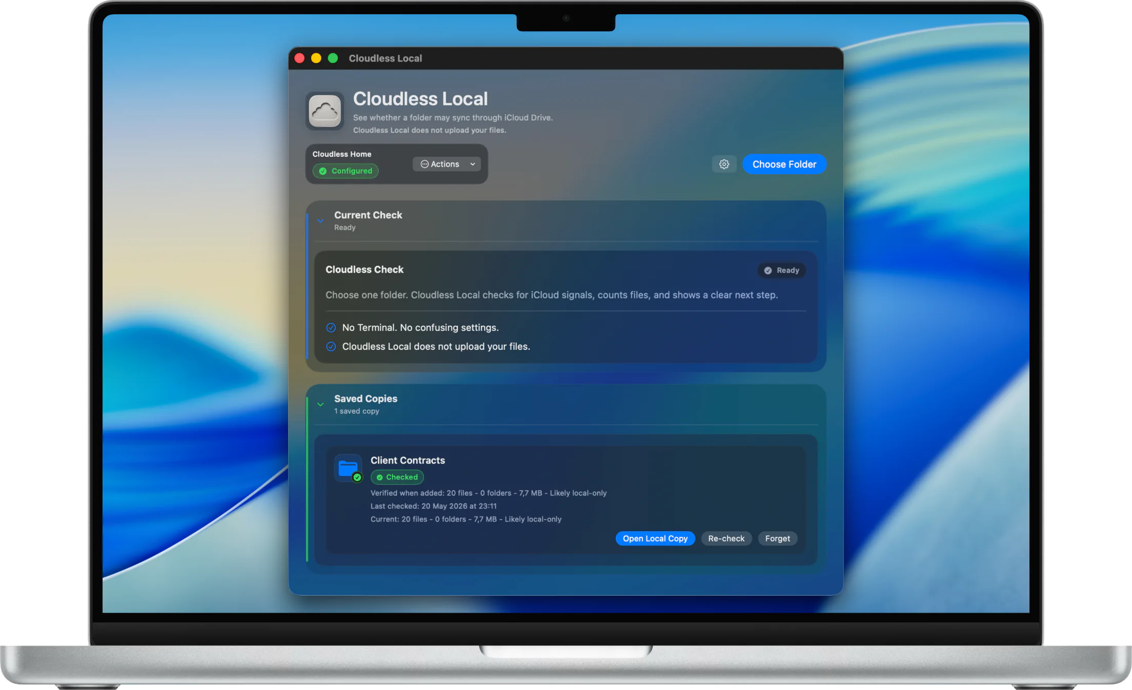 Cloudless Local on a MacBook Pro showing Cloudless Check, Cloudless Home, and saved local copy status.