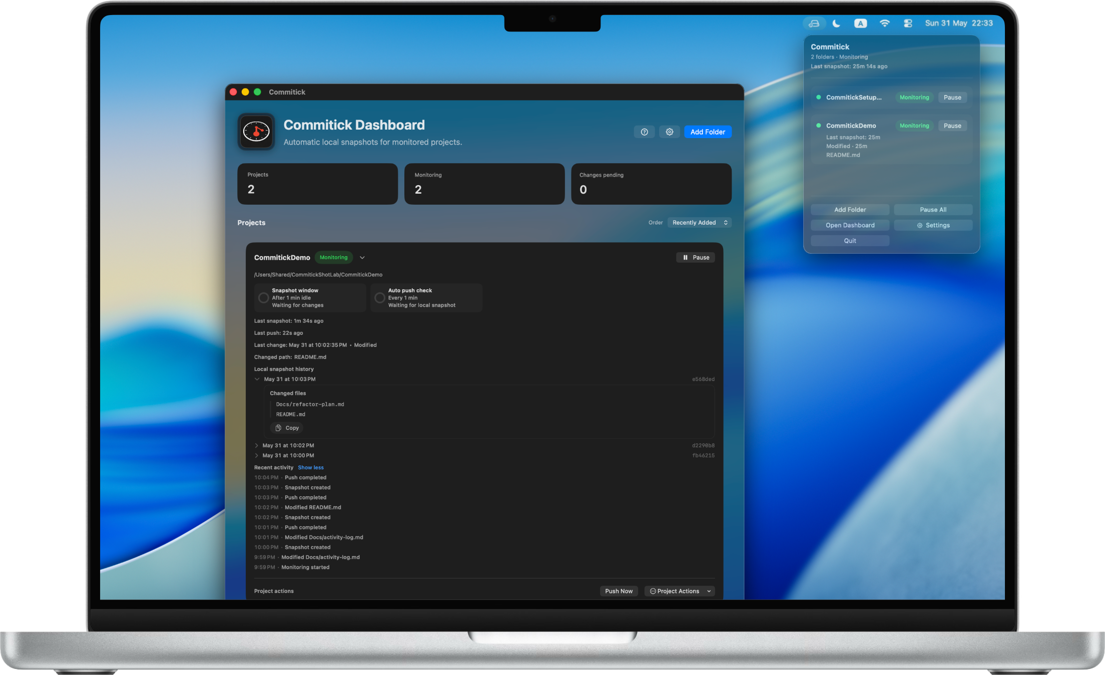 Commitick on a MacBook Pro showing monitored project snapshots and project status.