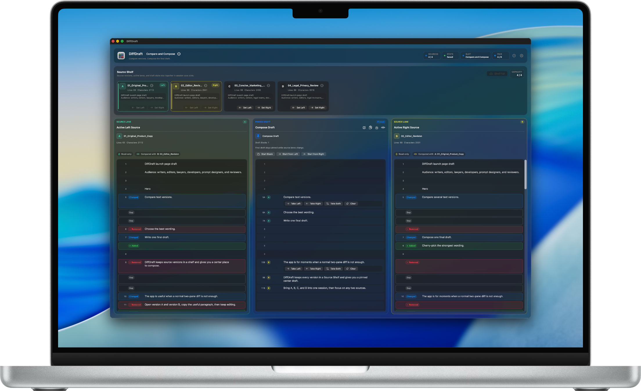 DiffDraft showing Source Shelf, two active sources, and a pinned Compose Draft.