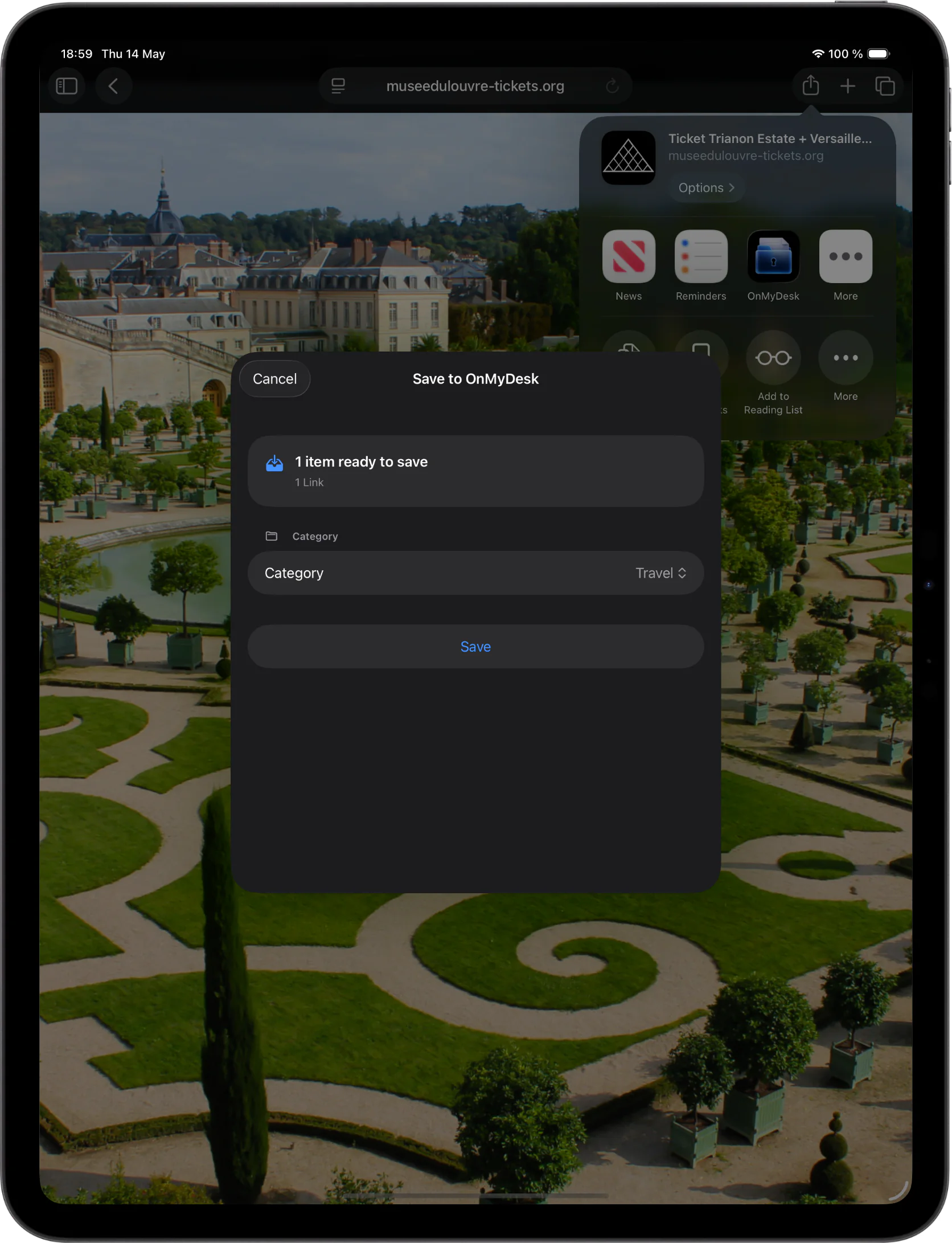 OnMyDesk on iPad showing capture and save workflows.