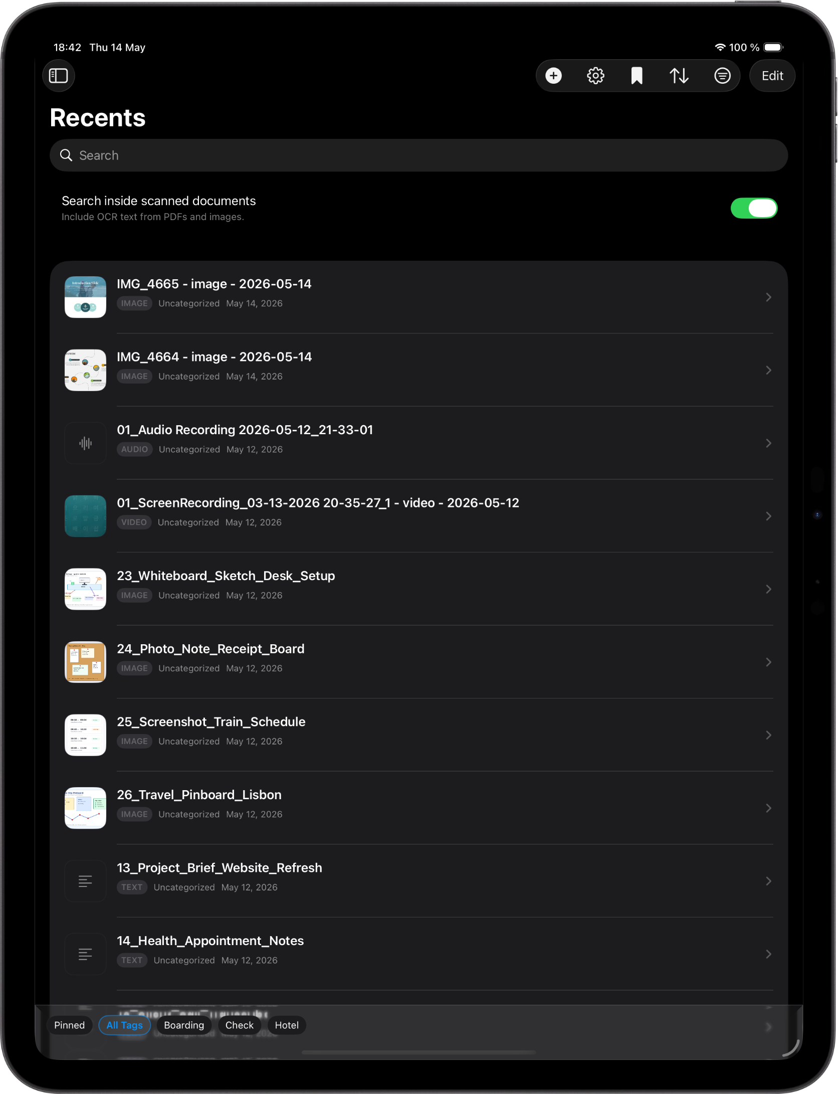 OnMyDesk on iPad showing a spacious vault library with mixed files, categories, and tags.