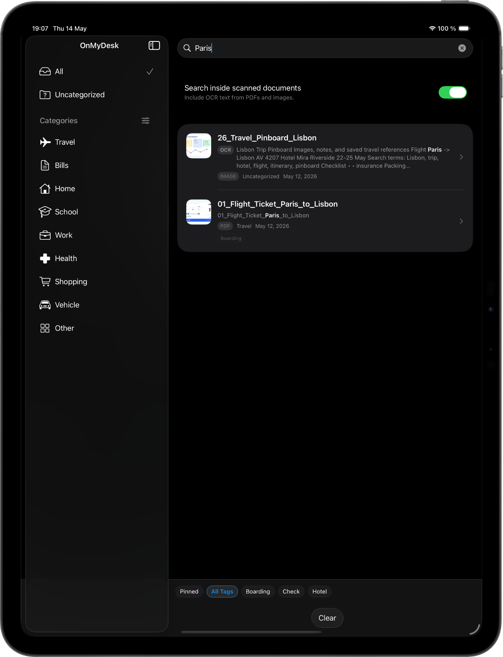 OnMyDesk on iPad showing search, filters, and organization controls.