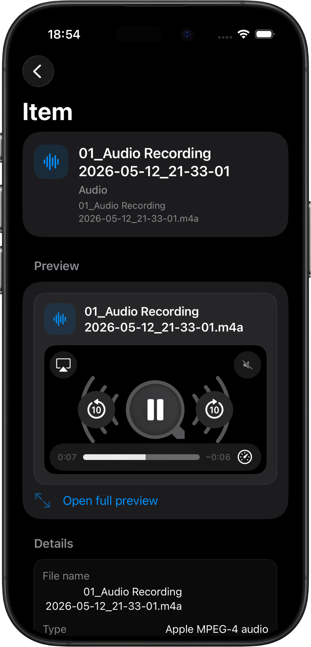 OnMyDesk on iPhone showing an audio preview in the vault.