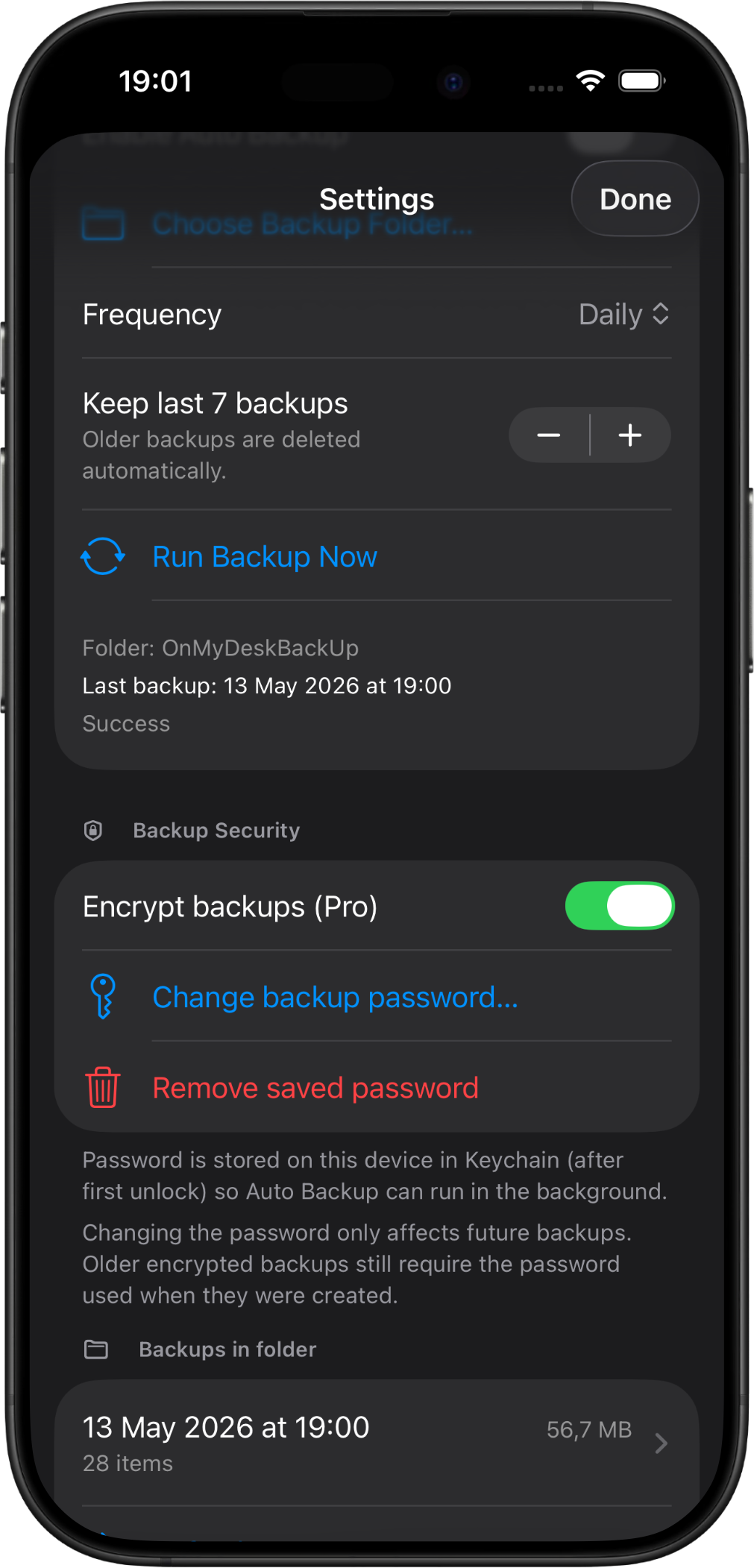 OnMyDesk on iPhone showing backup and restore tools.
