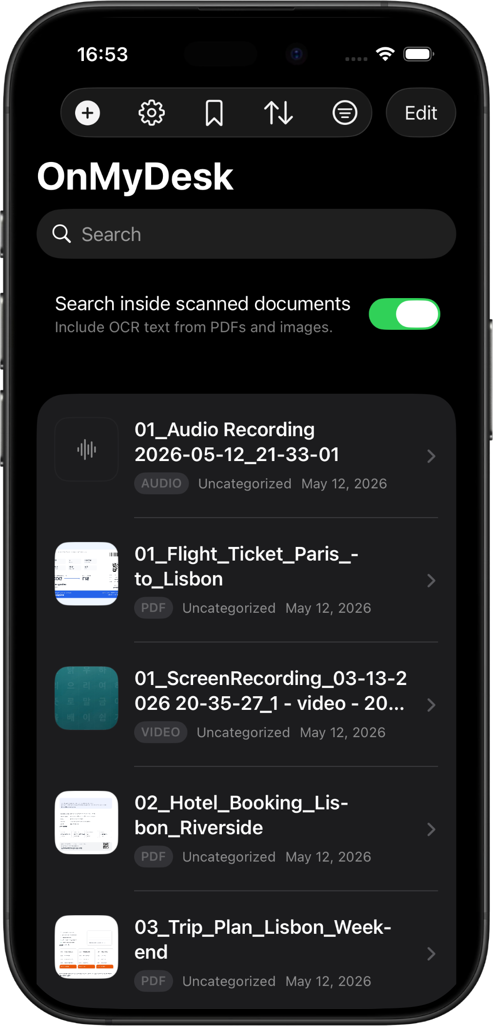 OnMyDesk on iPhone showing an organized private vault library.