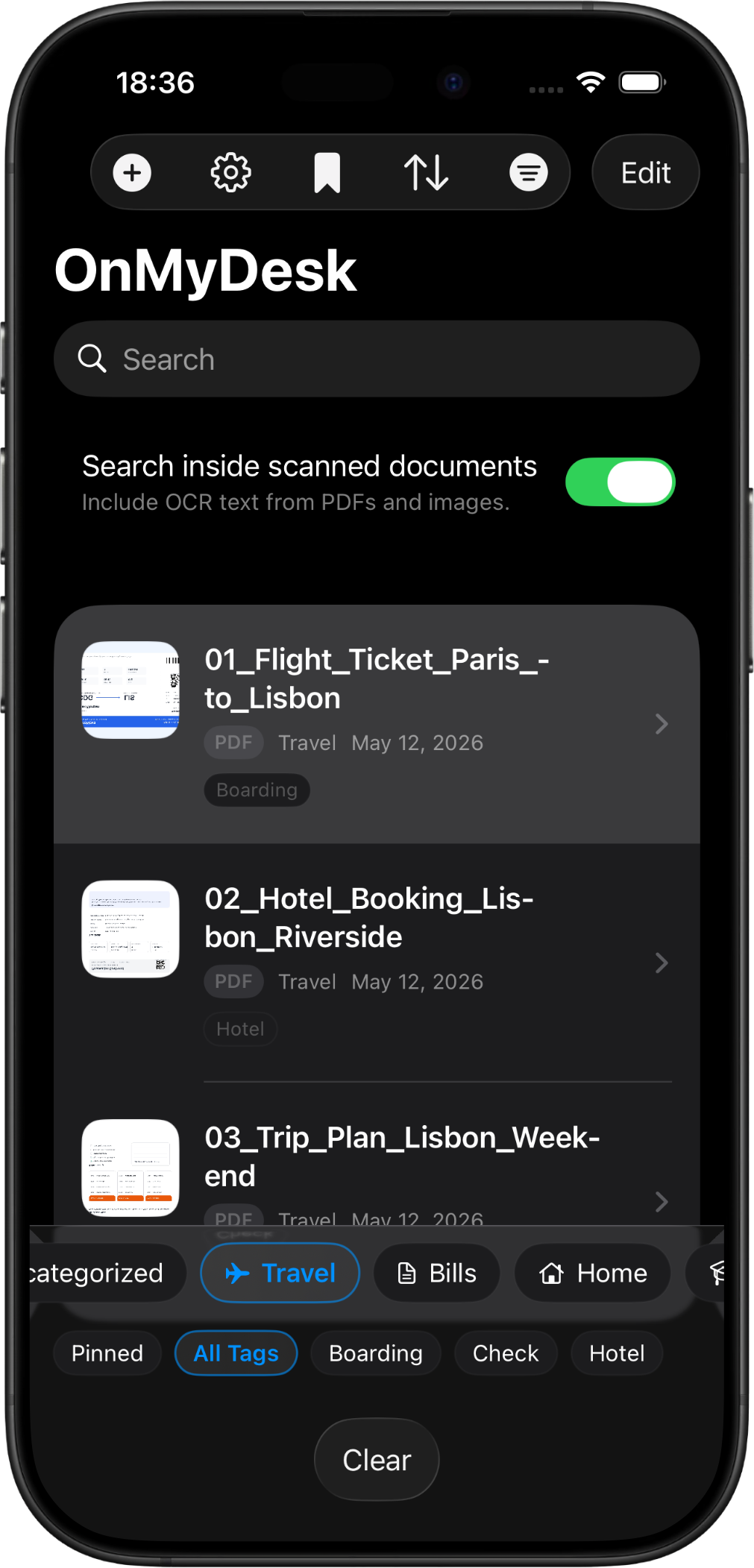 OnMyDesk on iPhone showing library filters and organization controls.