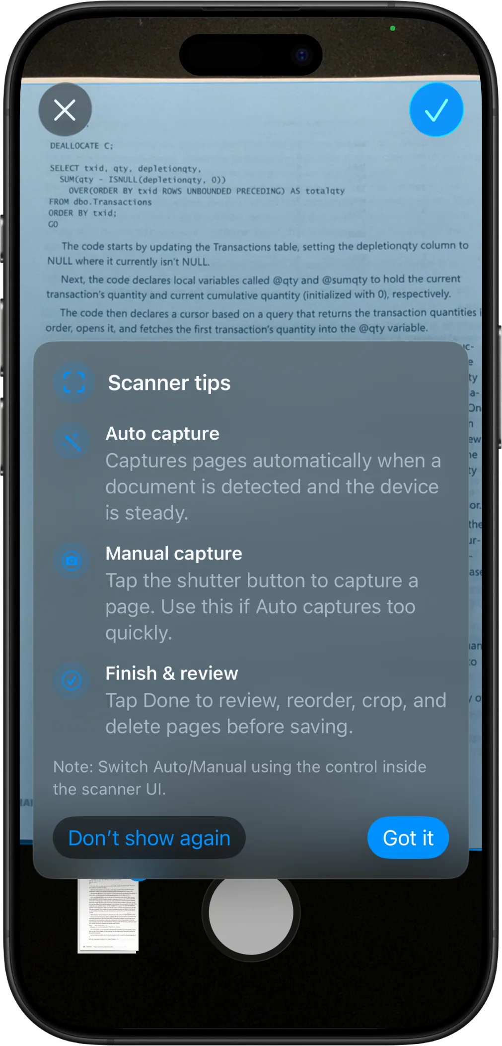 OnMyDesk on iPhone showing a document scan workflow.