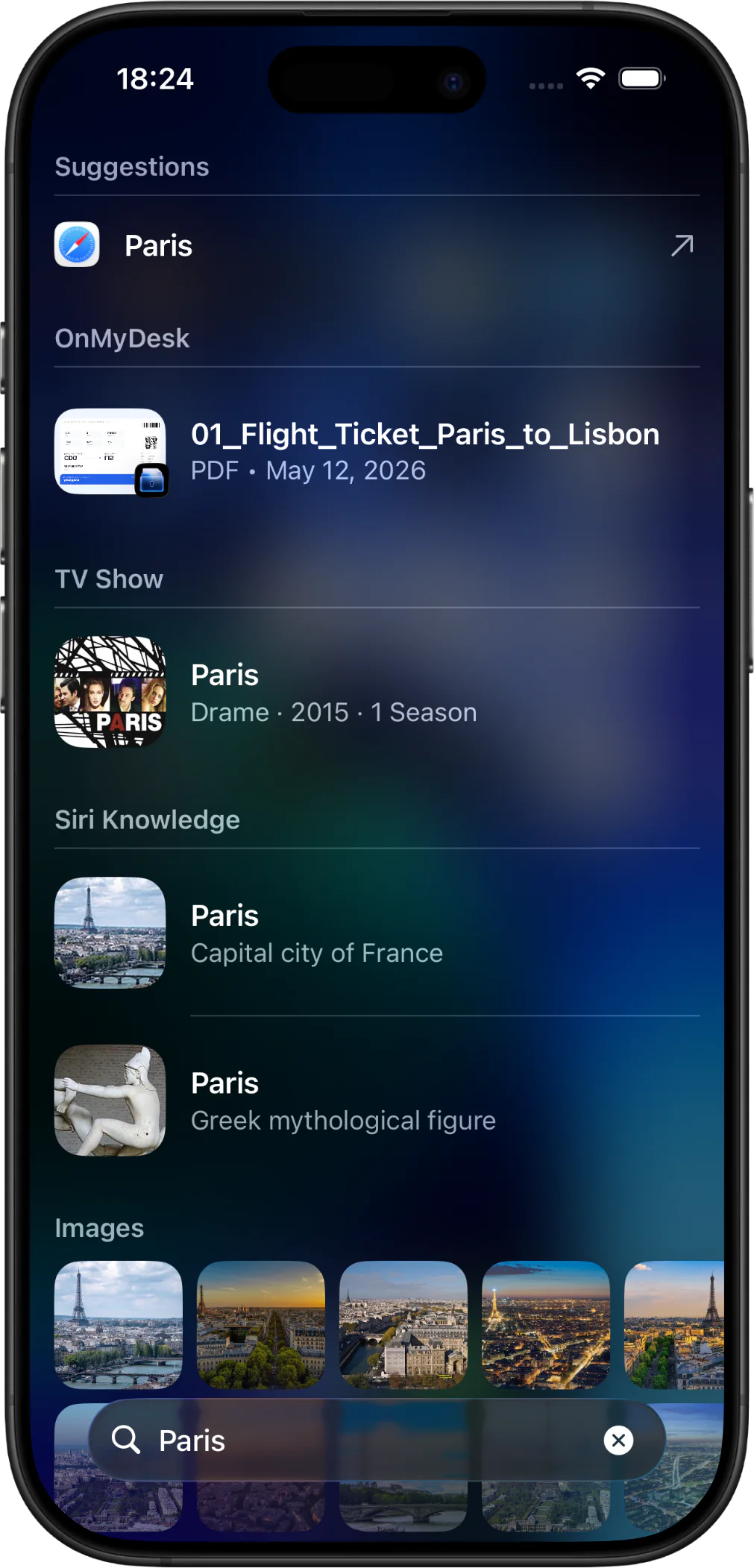 OnMyDesk on iPhone showing vault search and Spotlight results.