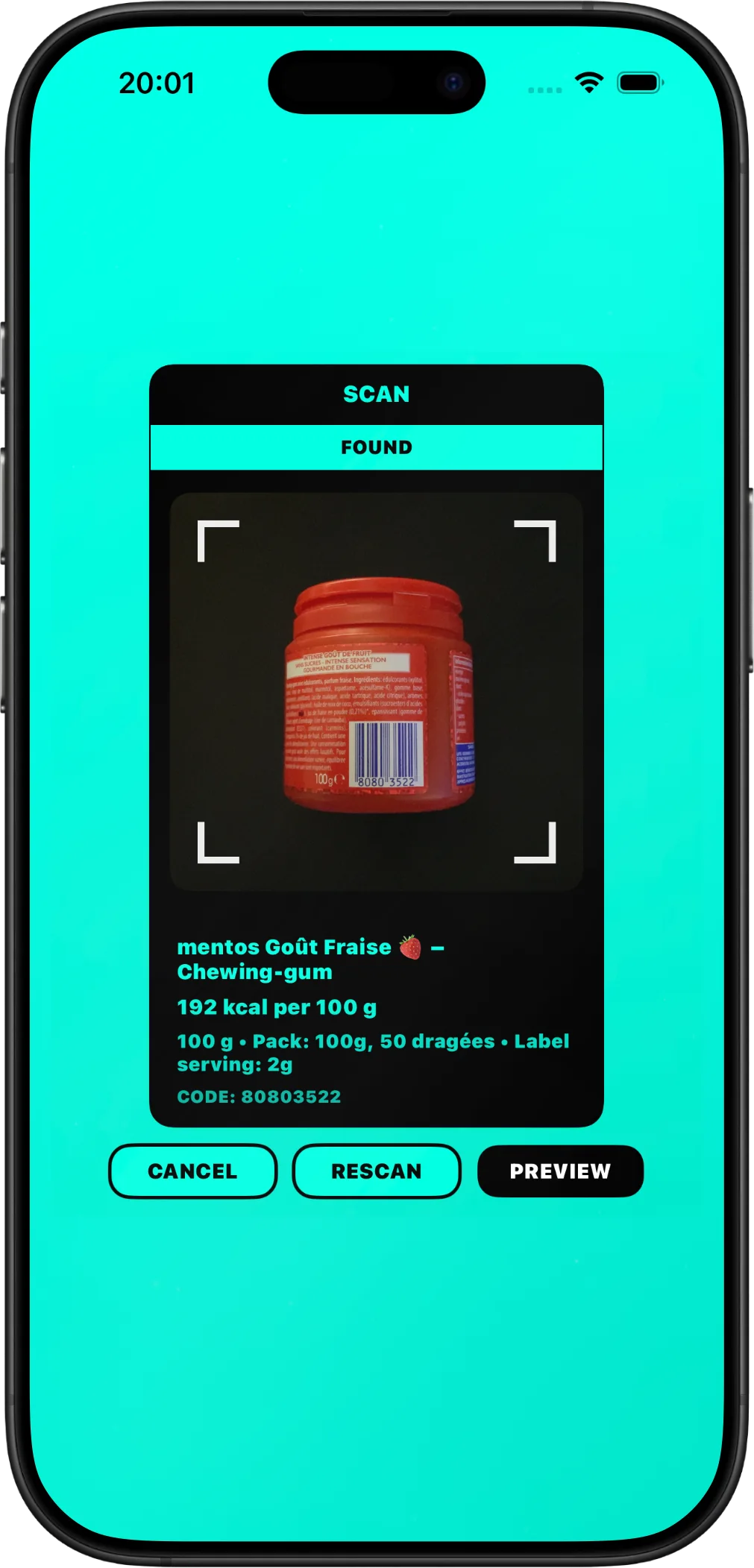 Kcal Crash barcode scan result screen with a packaged food preview.