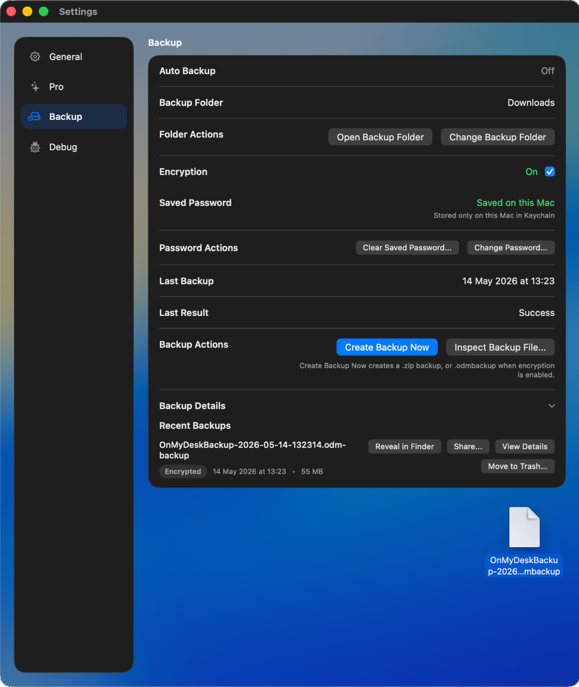 OnMyDesk on Mac showing backup tools and recent backups.