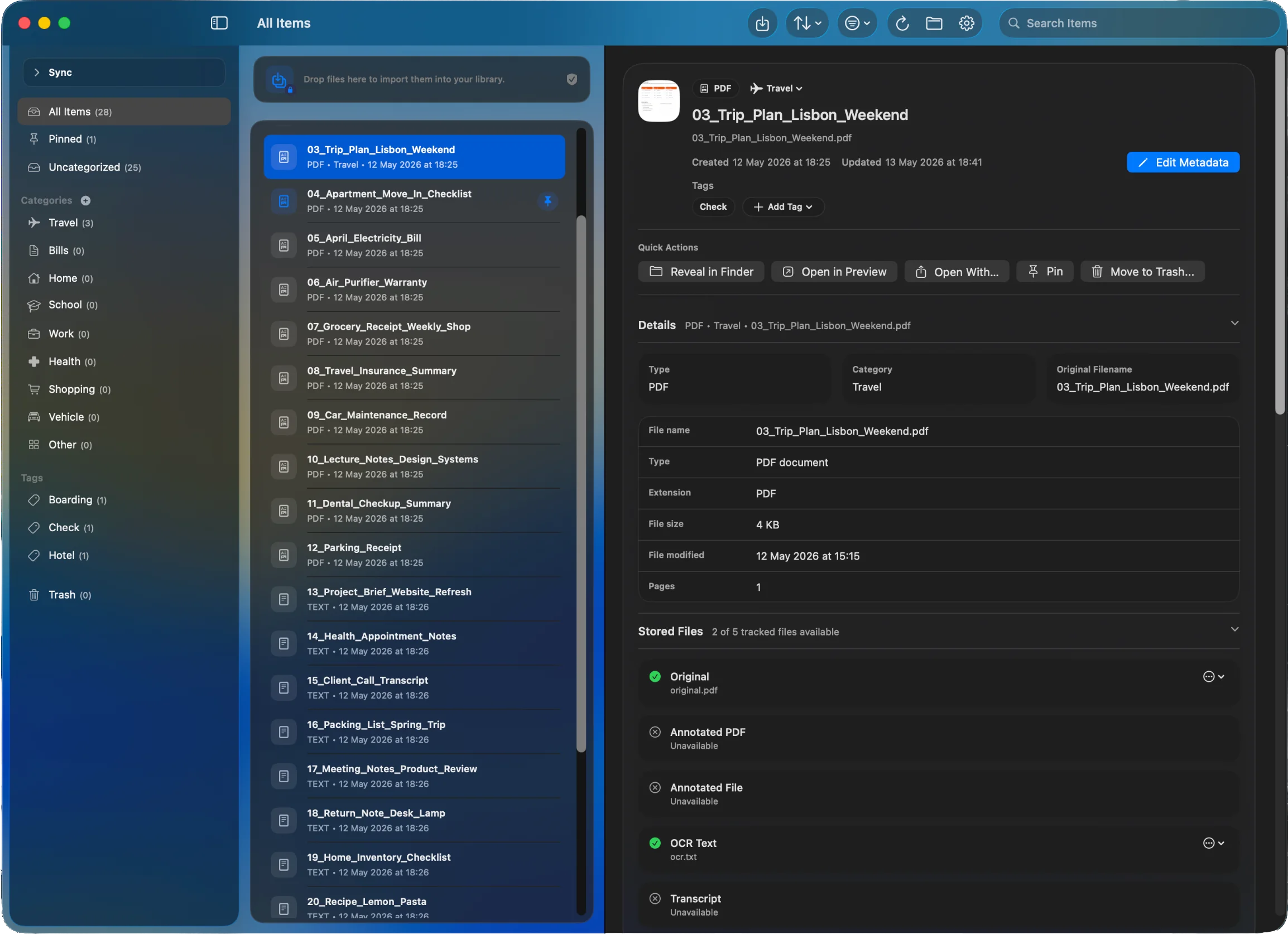 OnMyDesk on Mac showing item metadata and stored-file details.