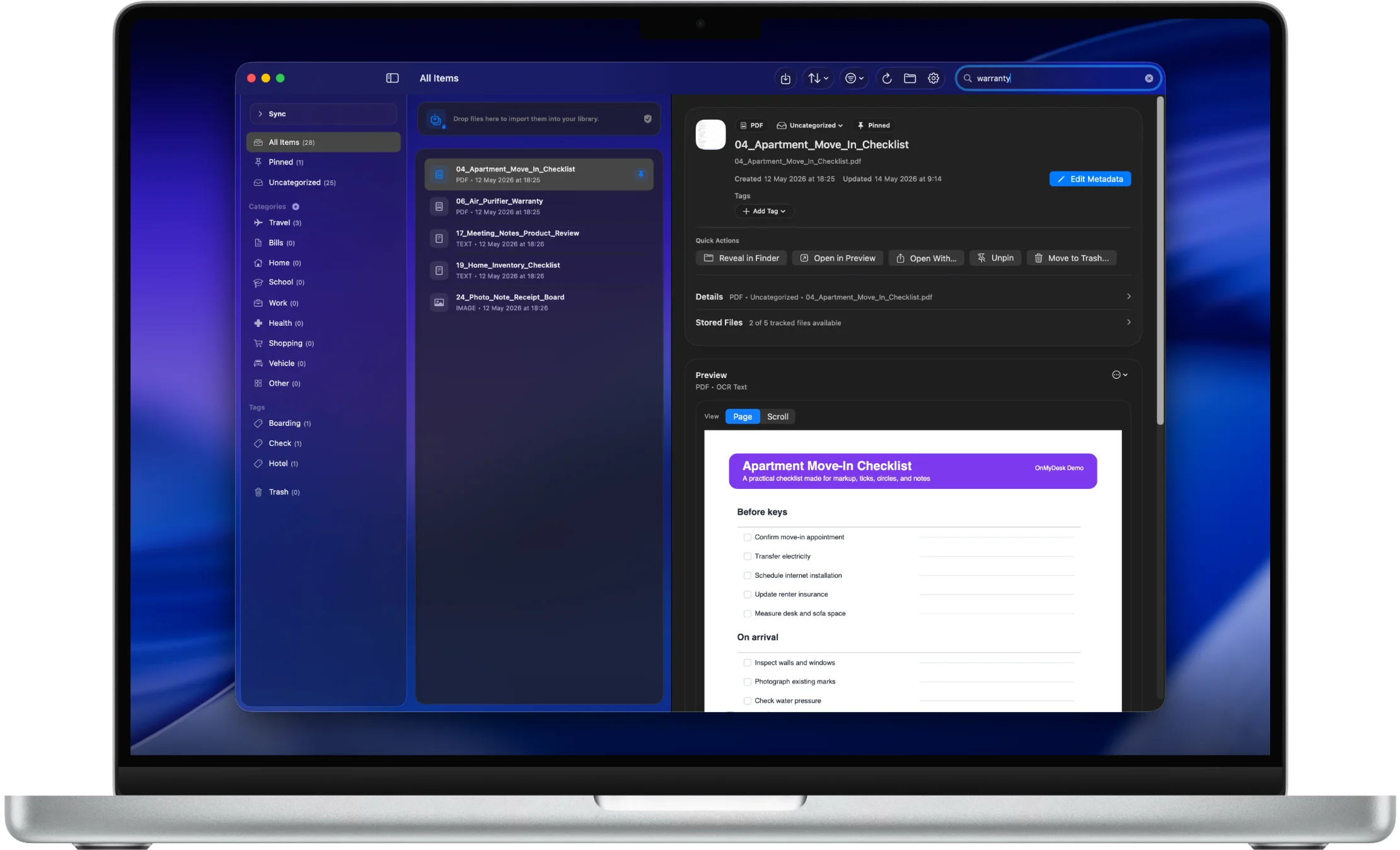 OnMyDesk on Mac showing search results for vault items.