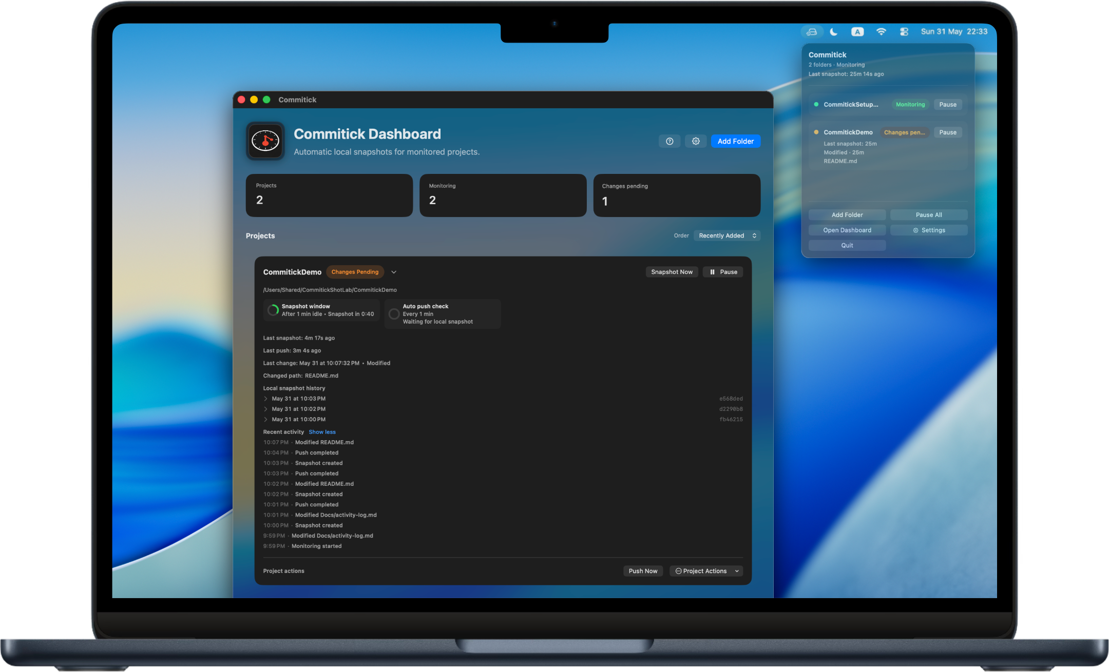 Commitick monitoring a Mac project with changes pending and project status visible.