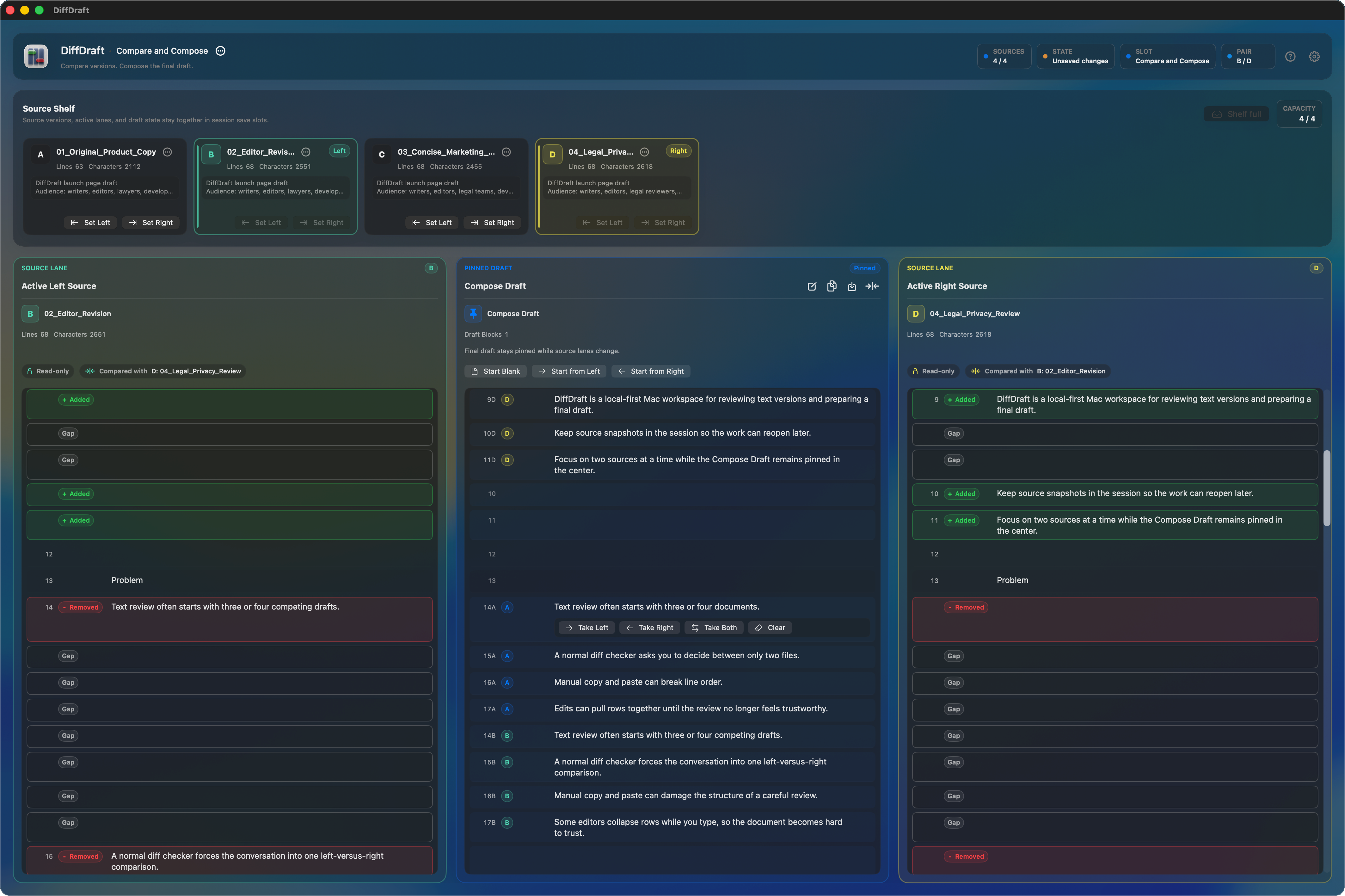 DiffDraft Compose Draft with source-origin badges and active source lanes.