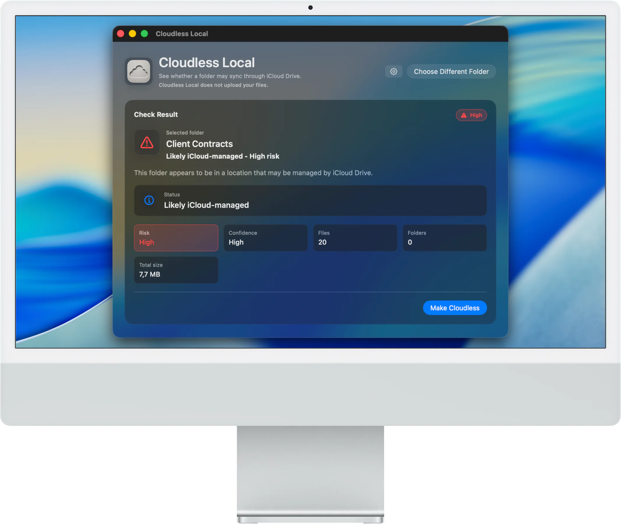 Cloudless Local showing a folder that appears likely iCloud-managed with risk and size details.