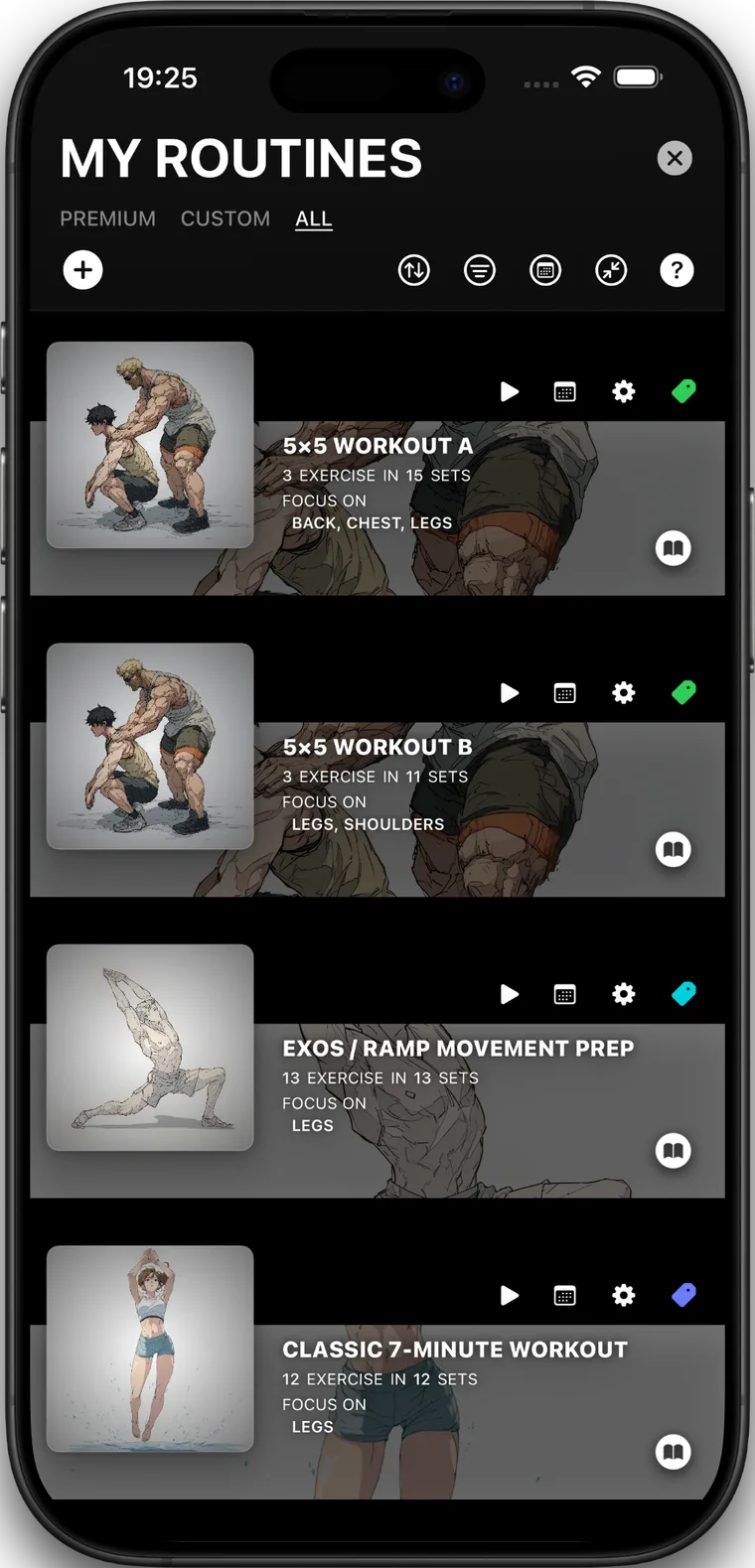 SoundsFit routine library showing several workout routines with play controls and routine tools.