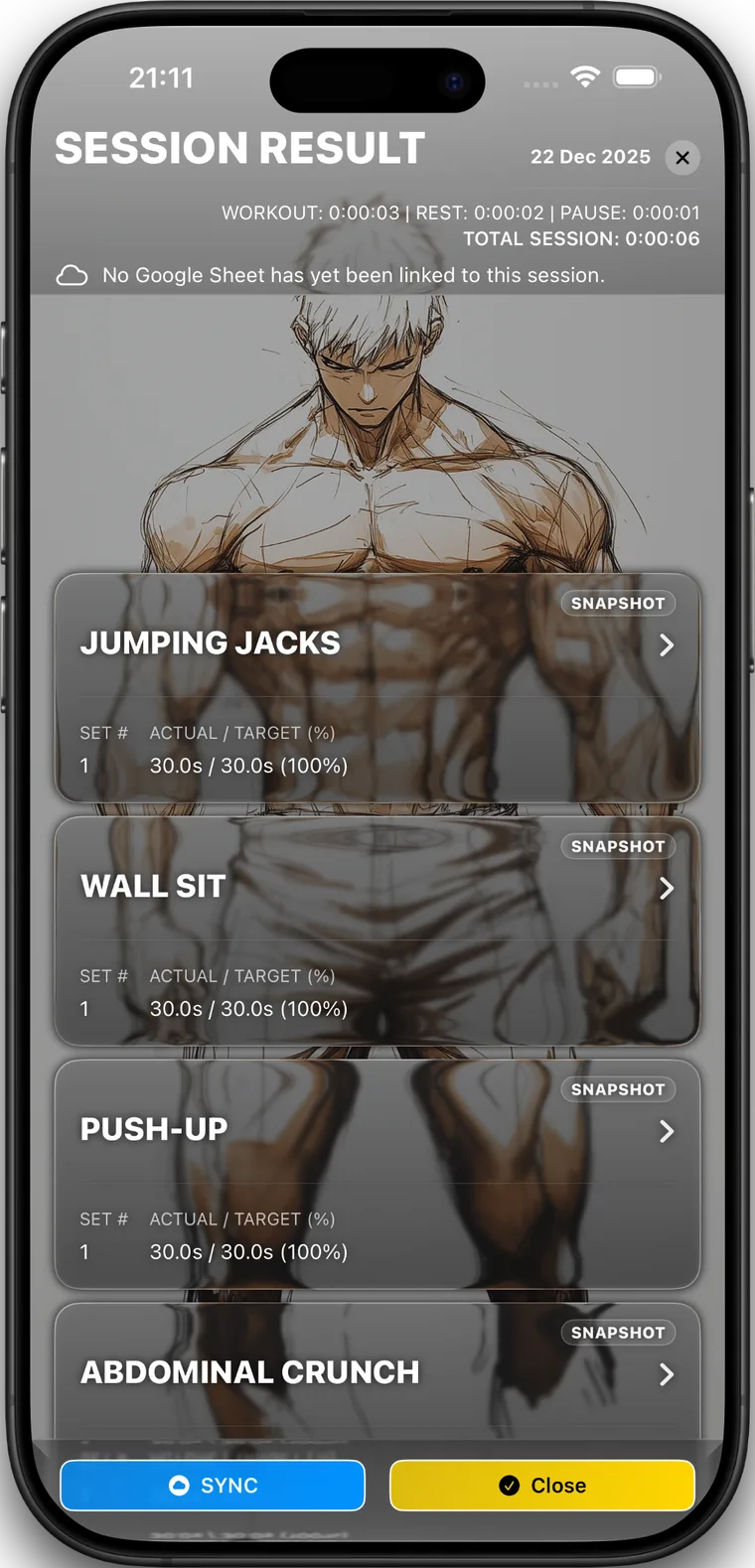 SoundsFit session result screen showing exercise result cards and a Google Sheets sync action.