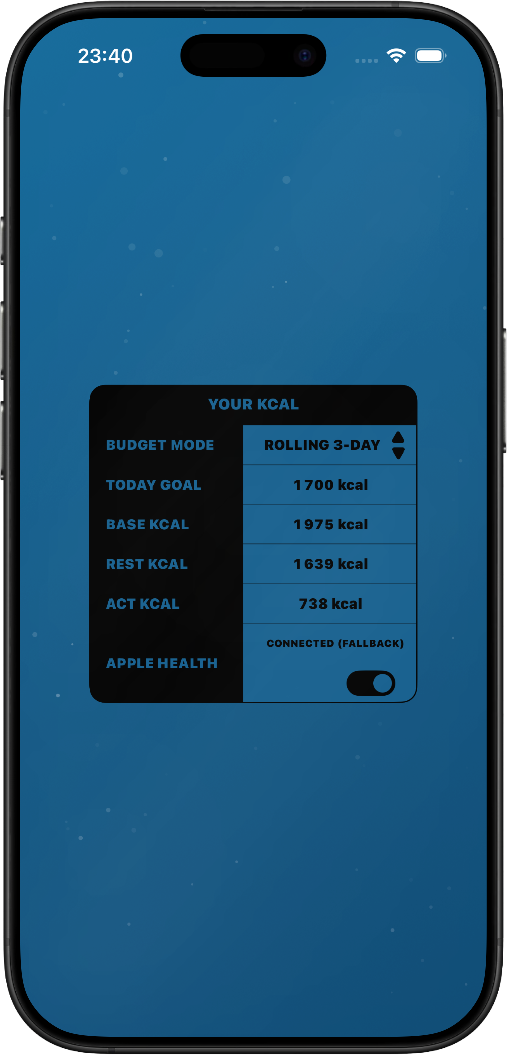 Kcal Crash settings screen on iPhone showing Apple Health context controls.