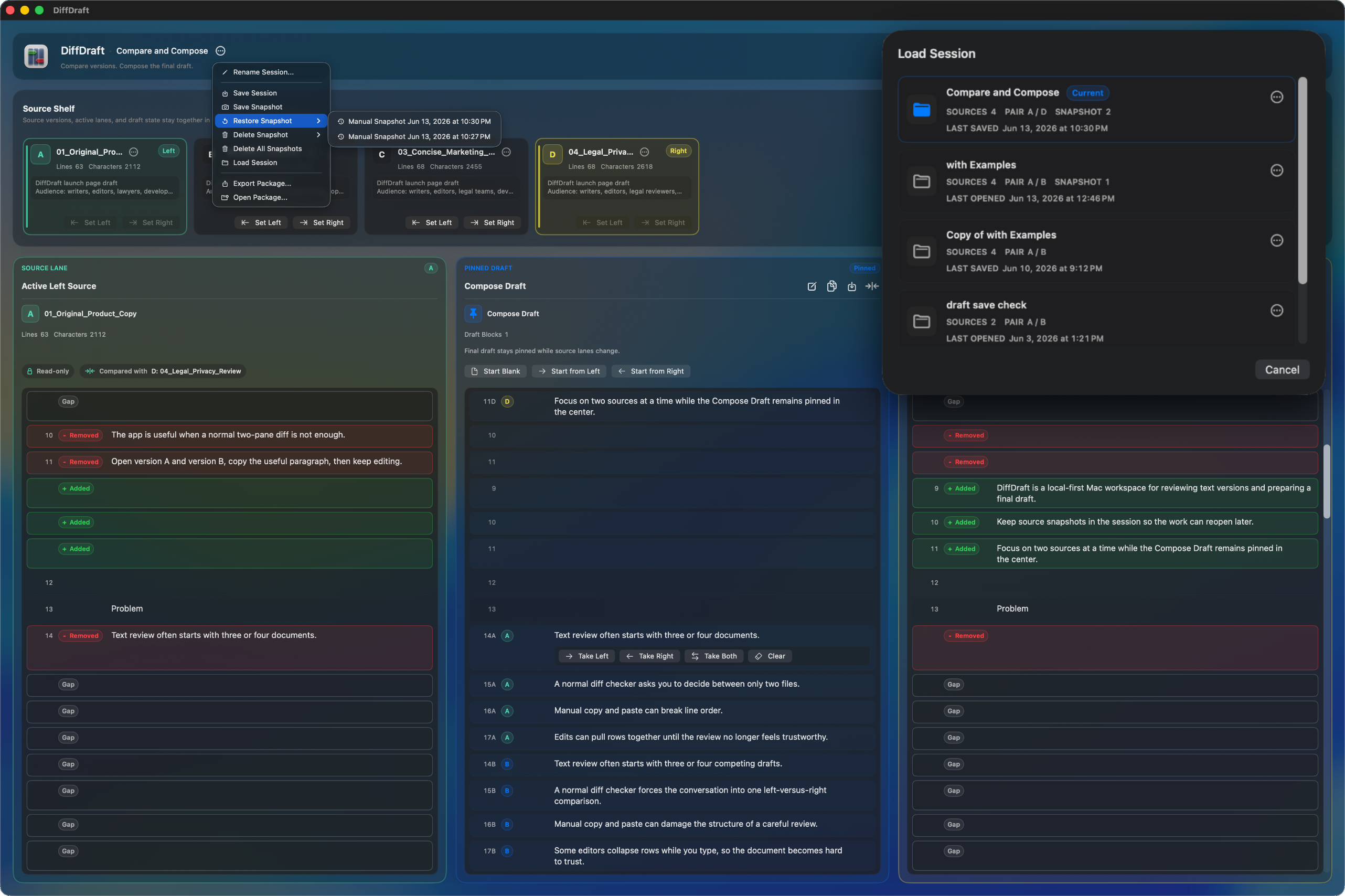 DiffDraft Load Session window showing saved sessions, active pair labels, and snapshot counts.