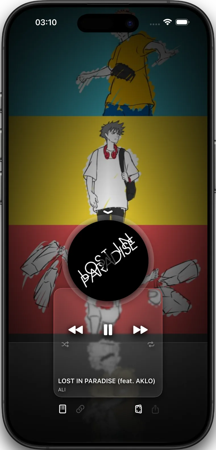 SoundsFit DJ immersive mode screen with a large music-focused player view.