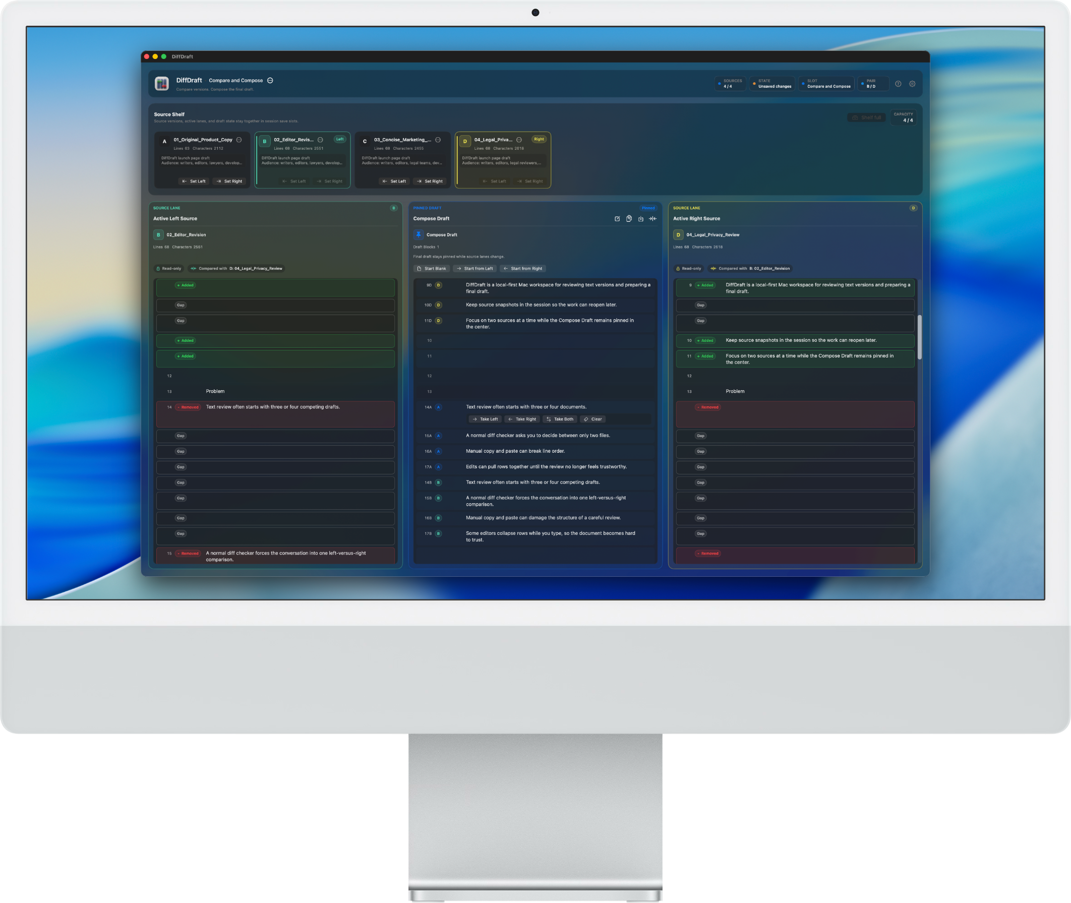 DiffDraft mockup showing stable rows, manual draft rows, source gaps, and the center Compose Draft.