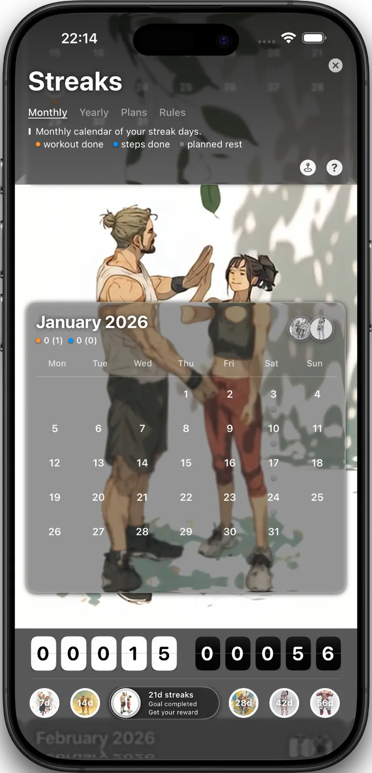 SoundsFit Streaks screen showing a monthly calendar, workout and step streak counters, and reward markers.