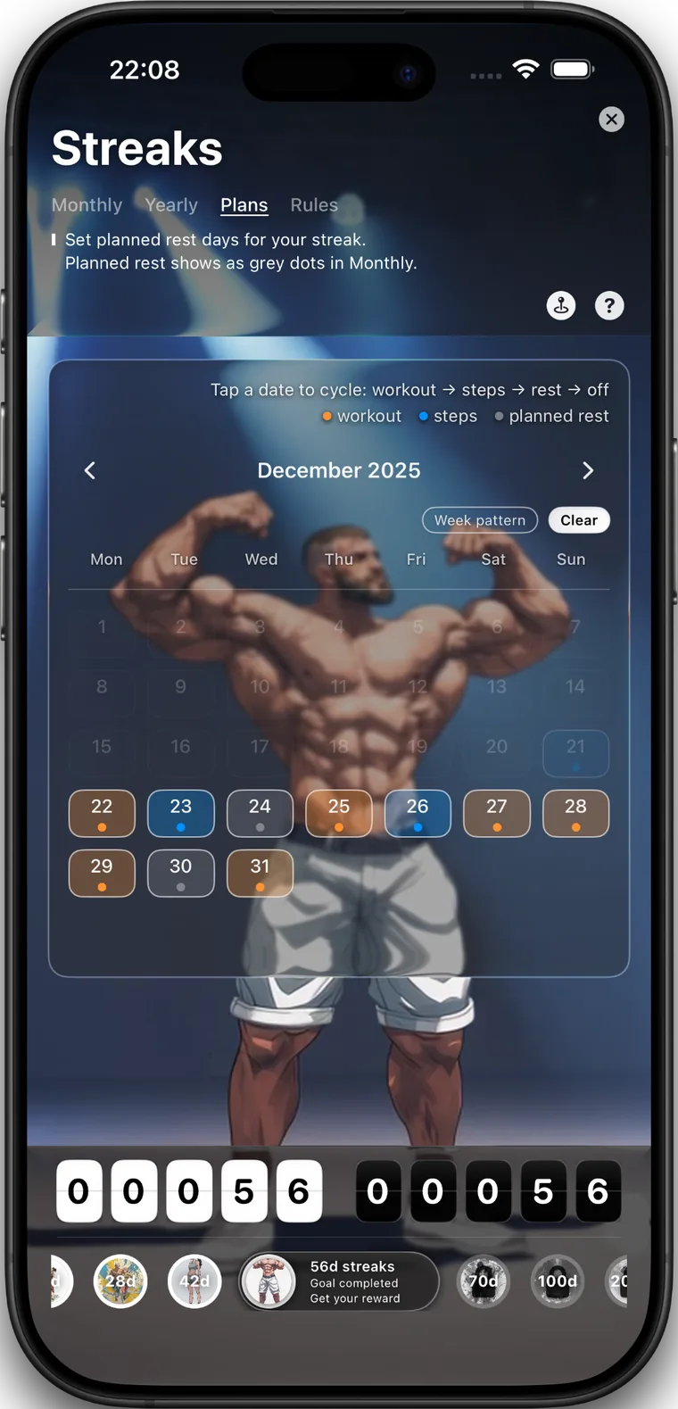 SoundsFit streaks plans screen showing streak planning options and consistency goals.