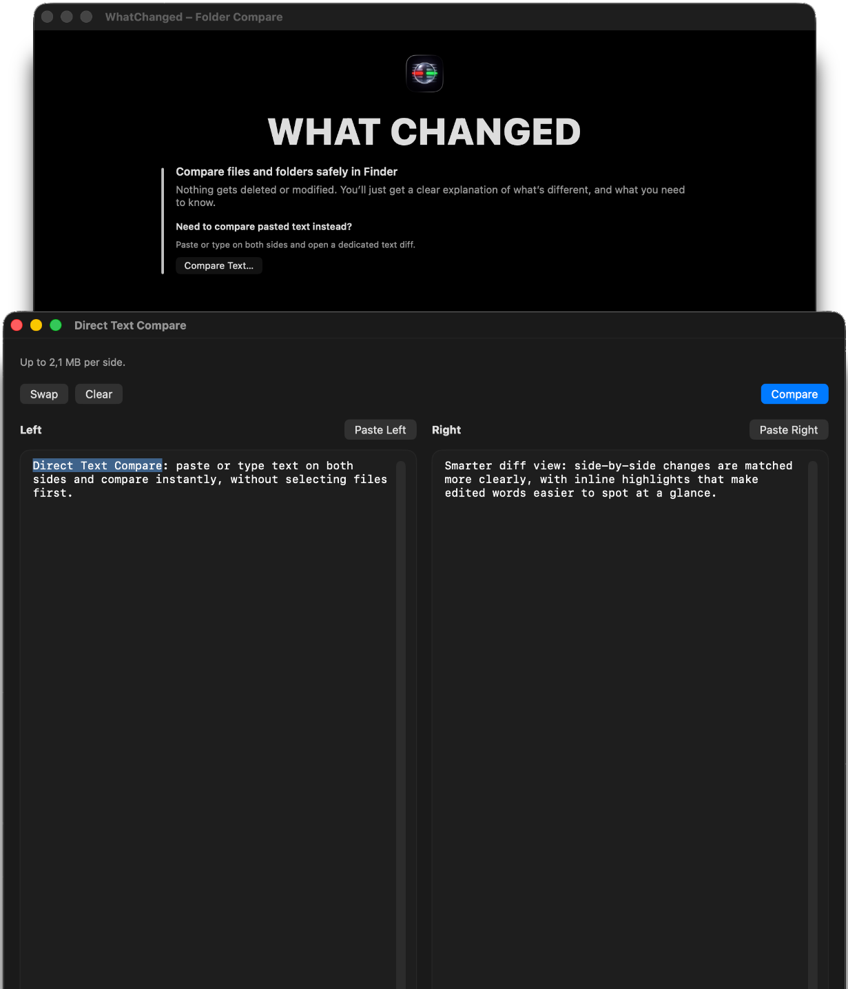 WhatChanged Direct Text Compare window on Mac with text on both sides.