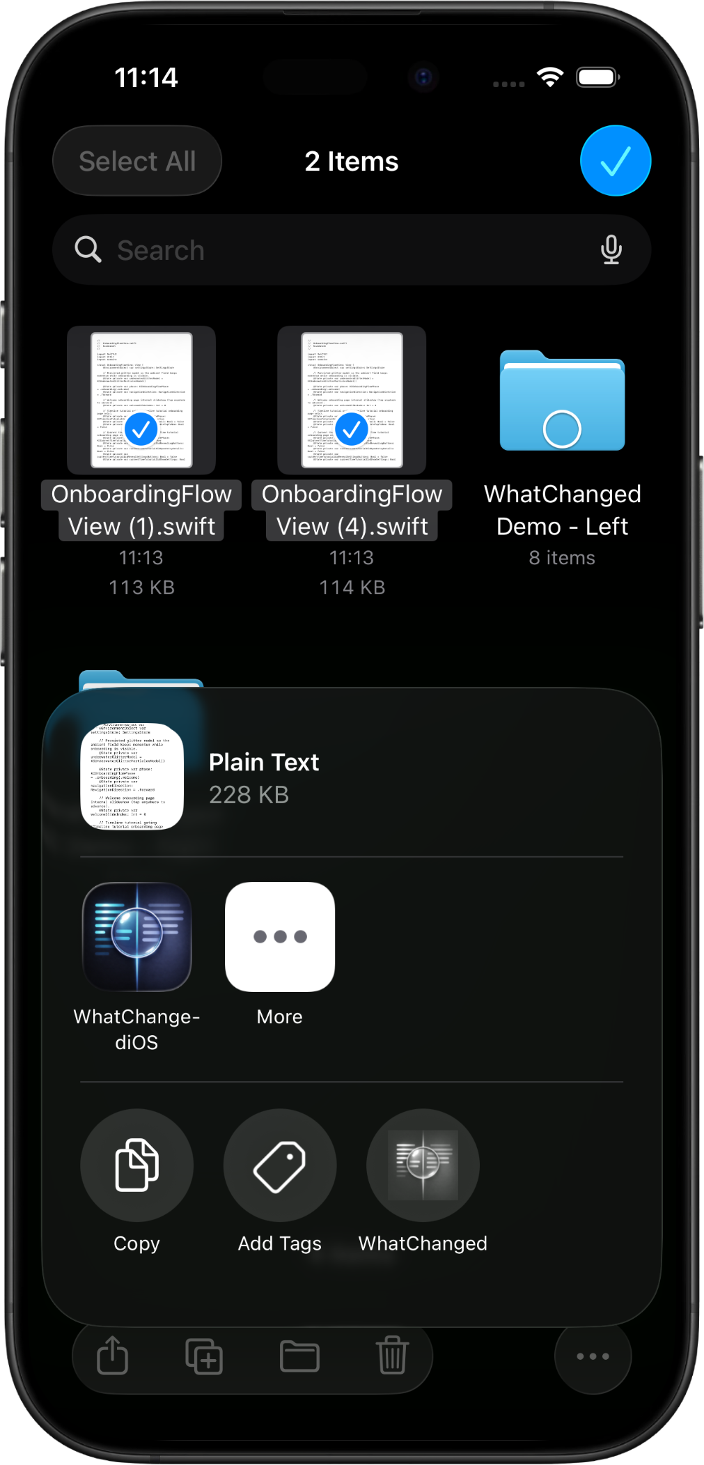 Two selected files in the iPhone Files app with the WhatChanged share sheet action visible.