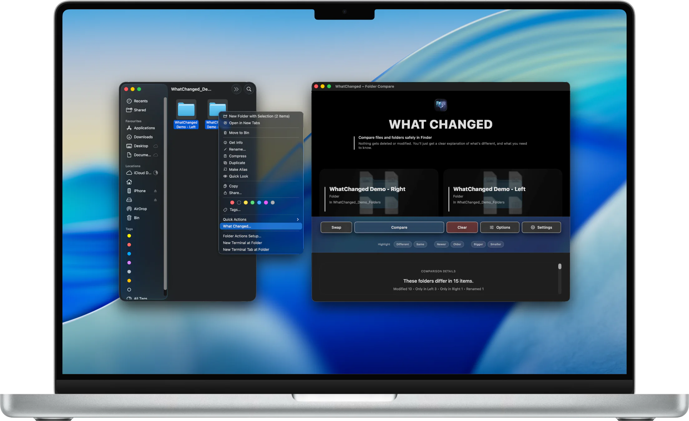 WhatChanged Finder workflow showing two selected folders and the WhatChanged action on Mac.