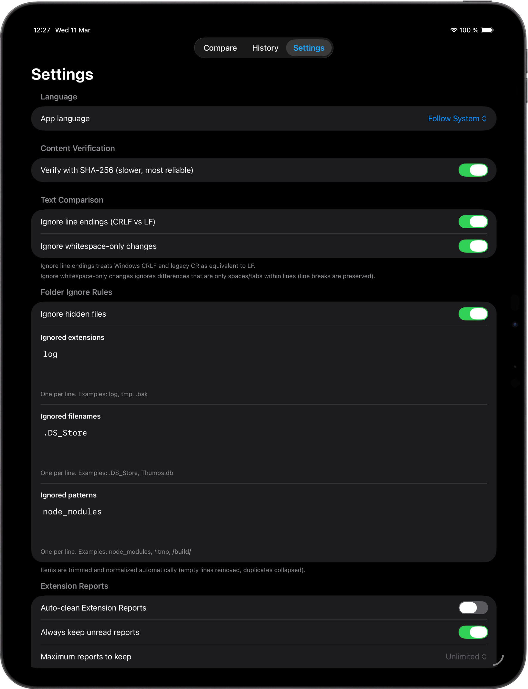 WhatChanged iPad settings showing SHA-256 verification, text comparison options, and folder ignore rules.