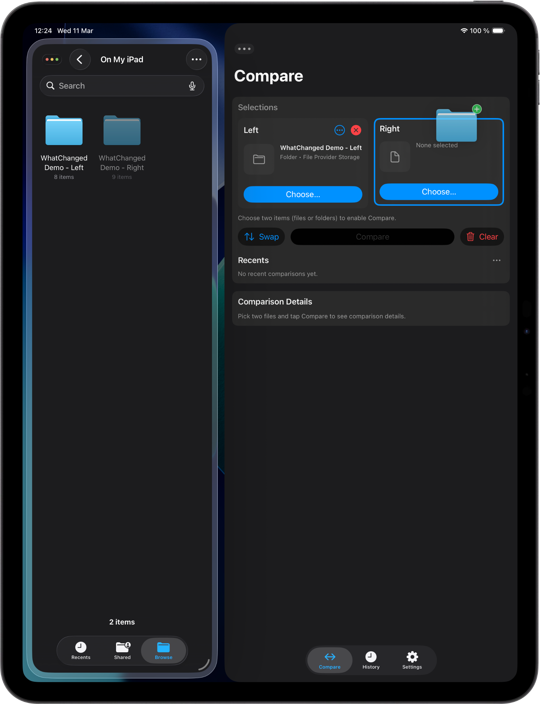 WhatChanged on iPad with a folder being dragged from Files into the comparison view.