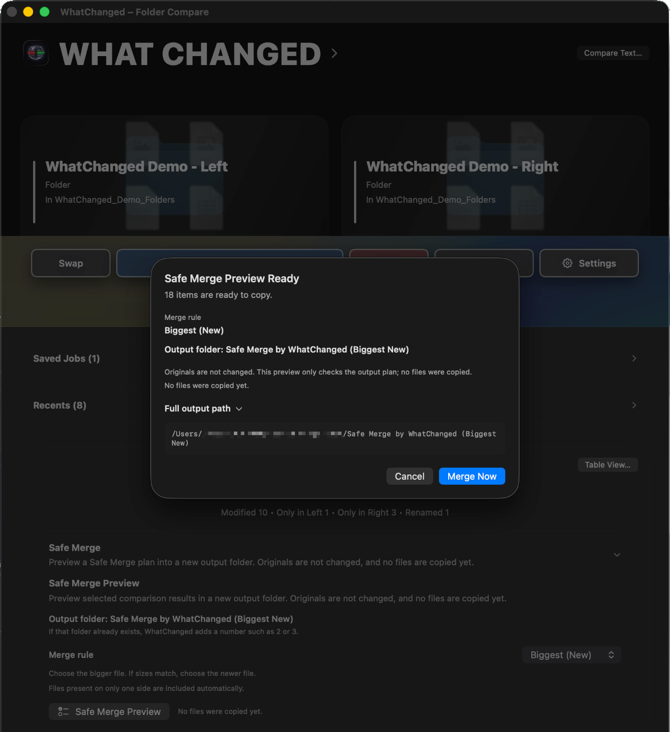 WhatChanged Safe Merge preview on Mac showing a merge rule, output folder, and confirmation controls.