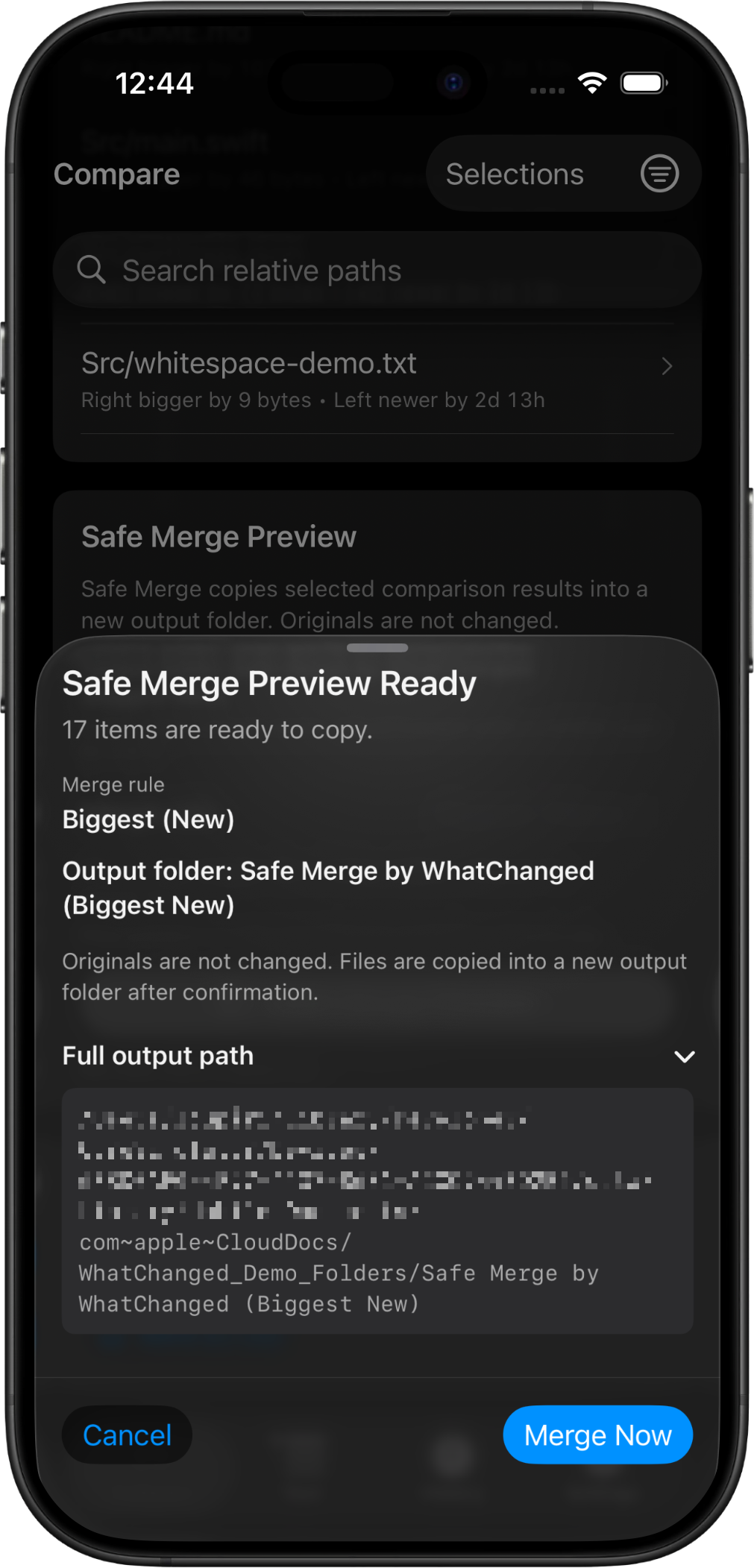 WhatChanged Safe Merge on iPhone showing the merge rule and output folder before copying.