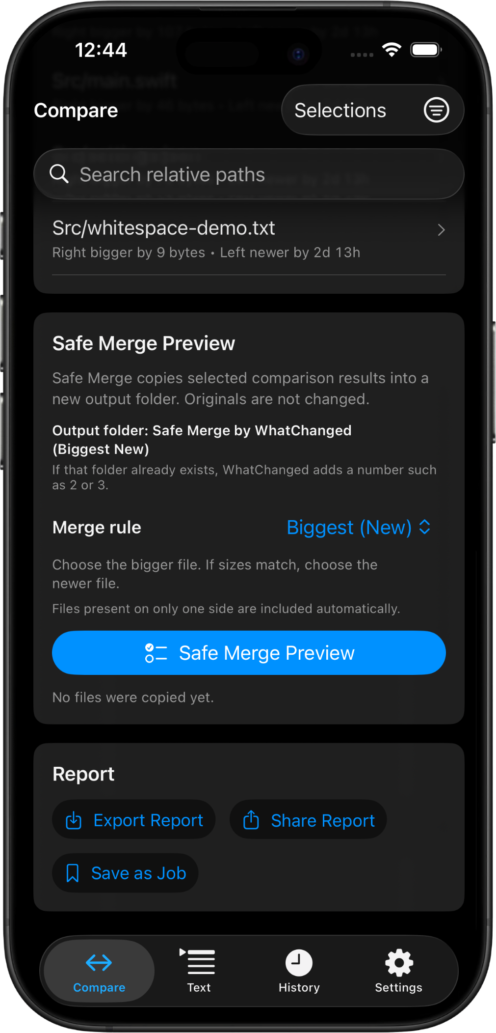 WhatChanged Safe Merge preview on iPhone showing a ready merge plan.