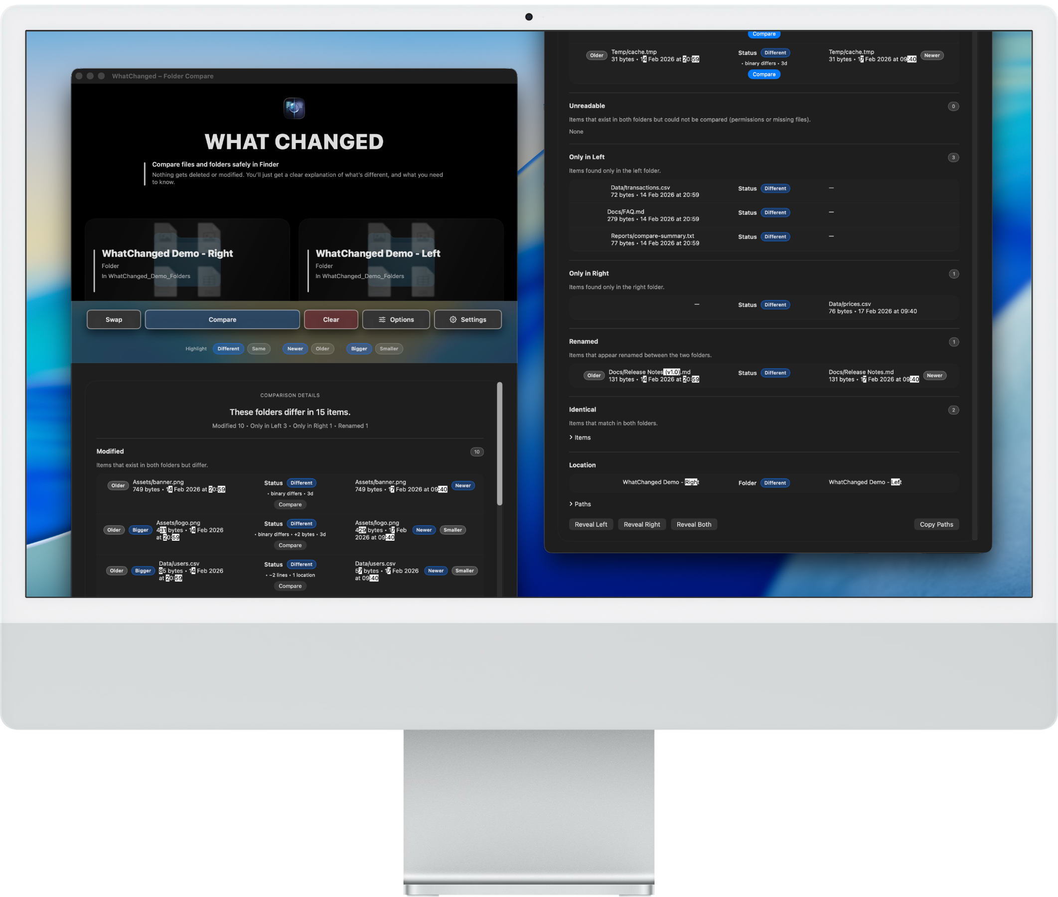 WhatChanged report on Mac showing added, removed, modified, and renamed items.