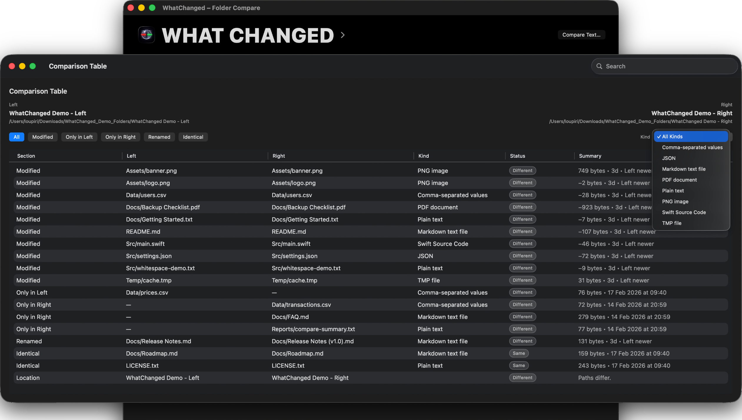 WhatChanged table view on Mac listing folder comparison results.