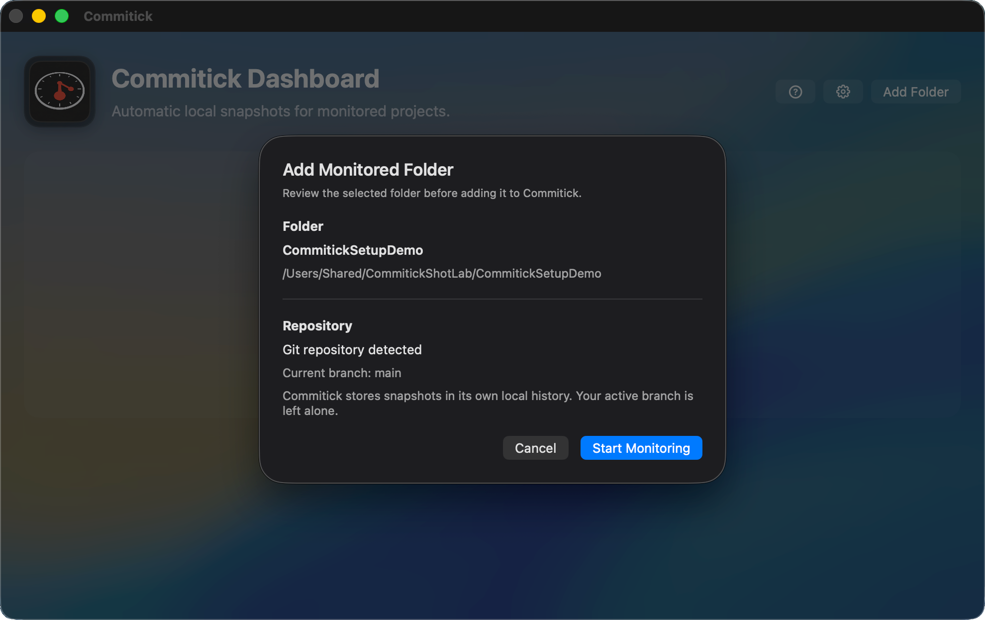 Commitick add folder screen for selecting a project folder to monitor.
