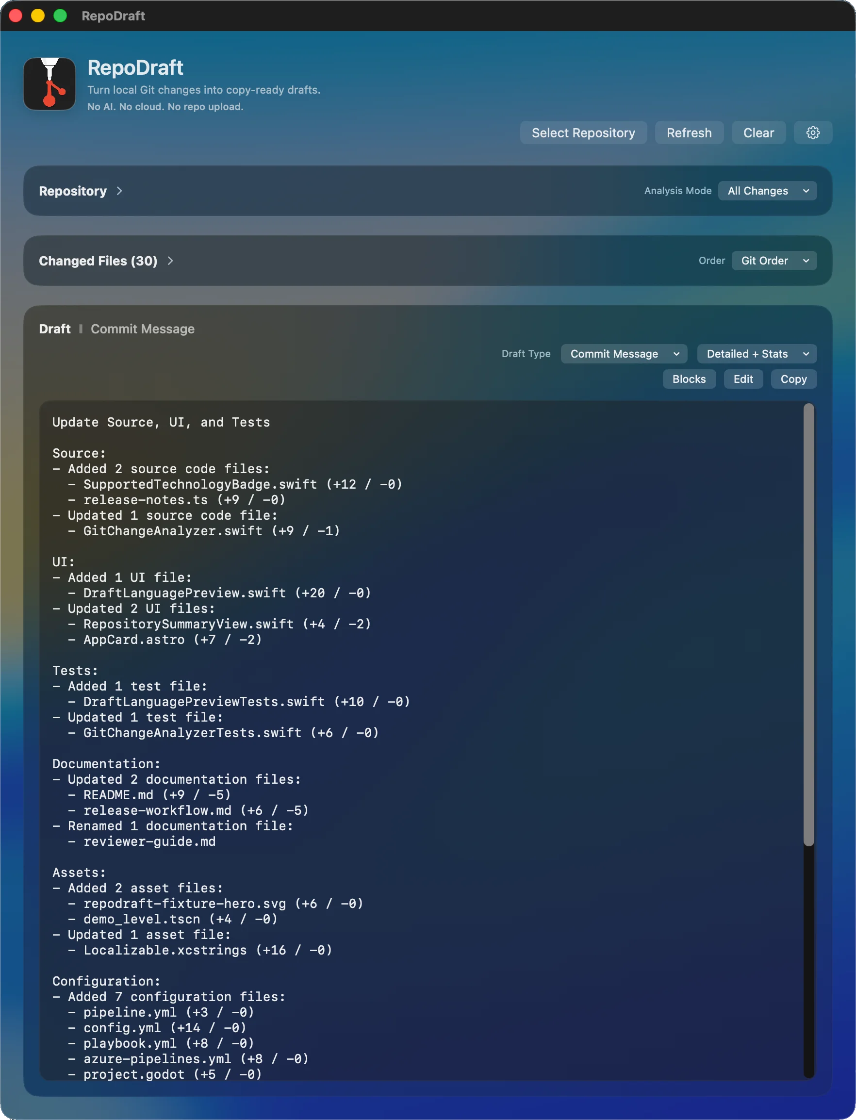Commit Messages in Seconds. Generate a clean commit-message draft, then edit or copy it when ready.