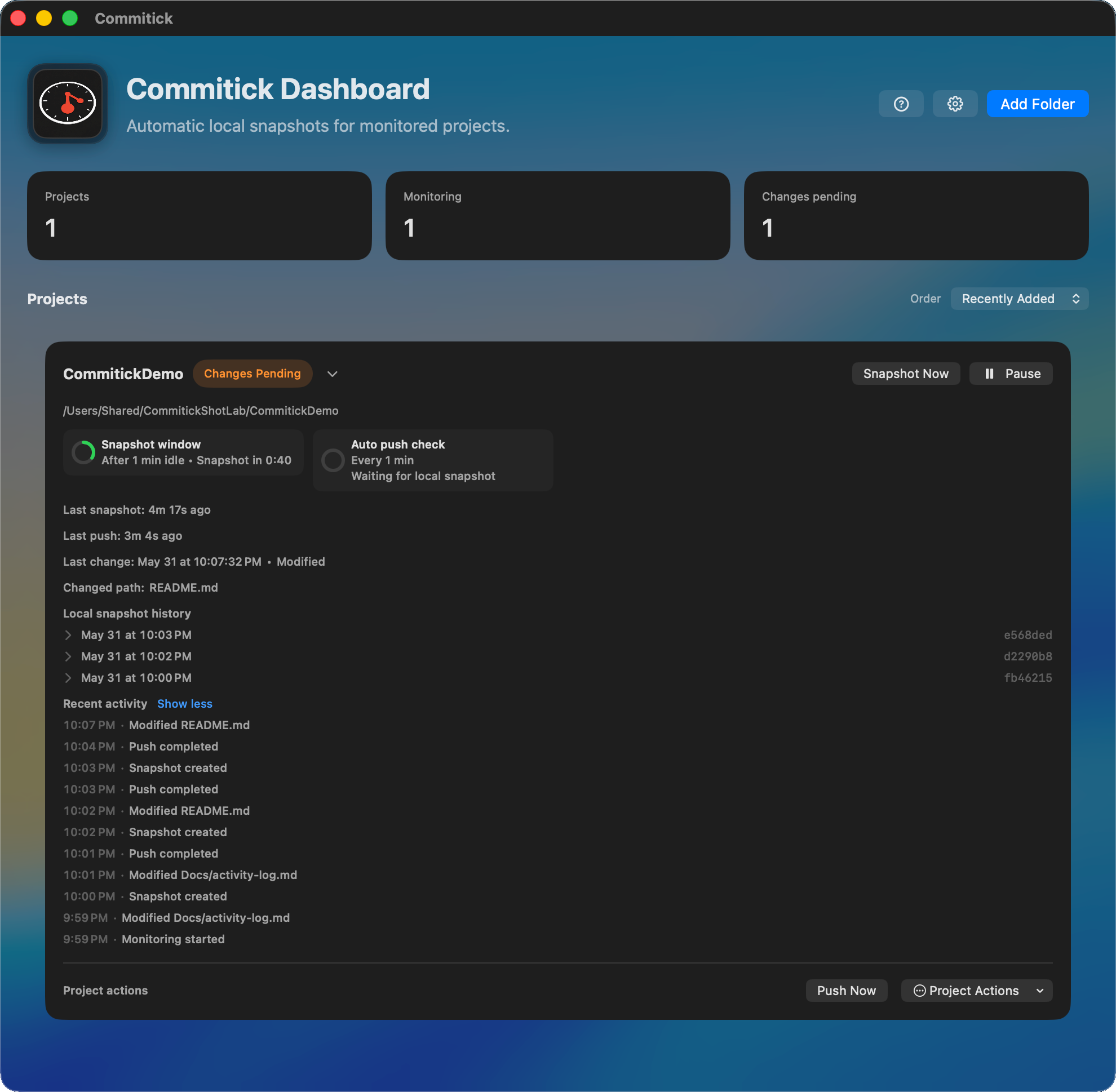 Commitick dashboard showing changes pending with Snapshot Now, Pause, and Push Now controls.