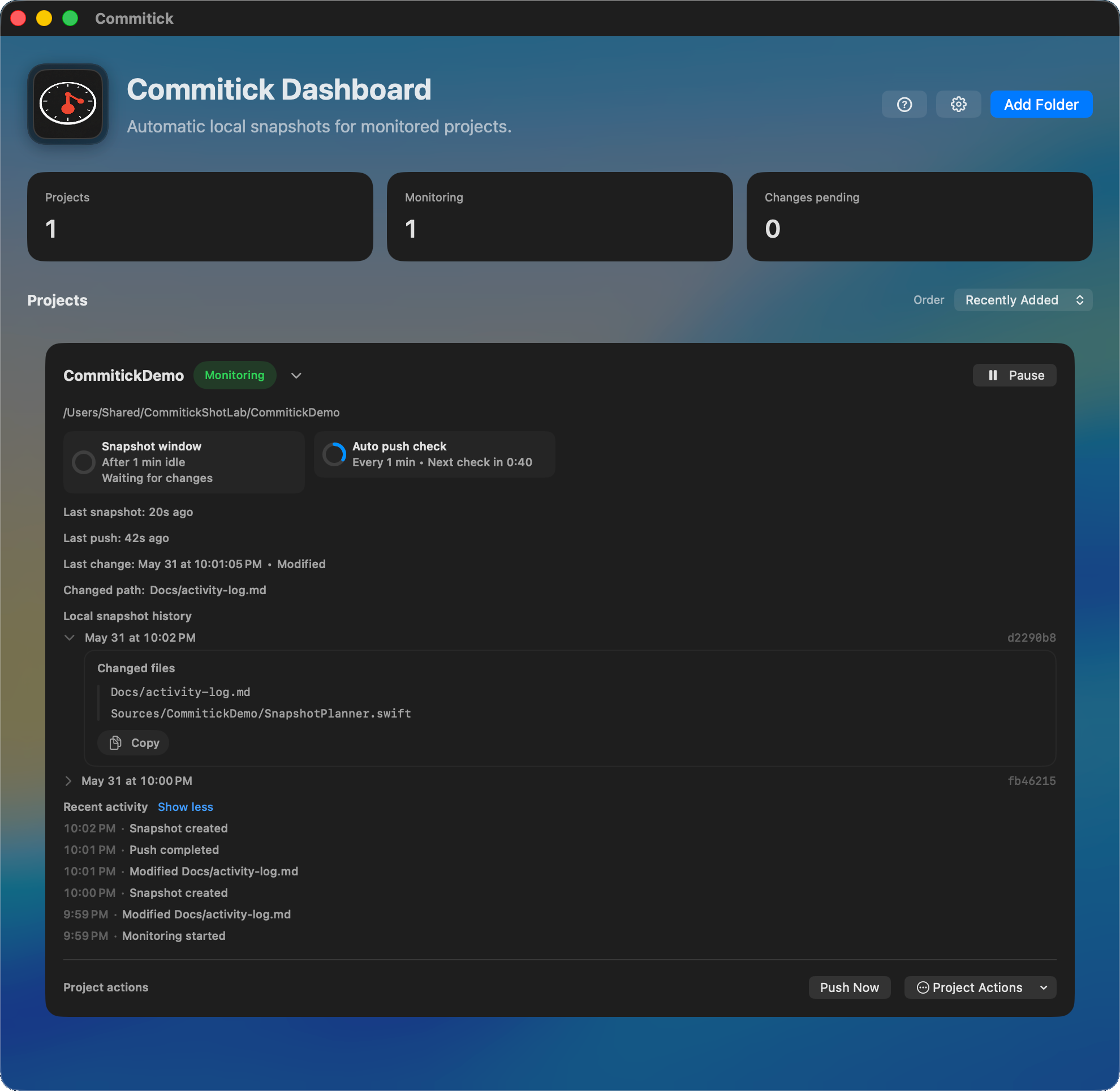 Commitick dashboard showing completed push status and open snapshot history.