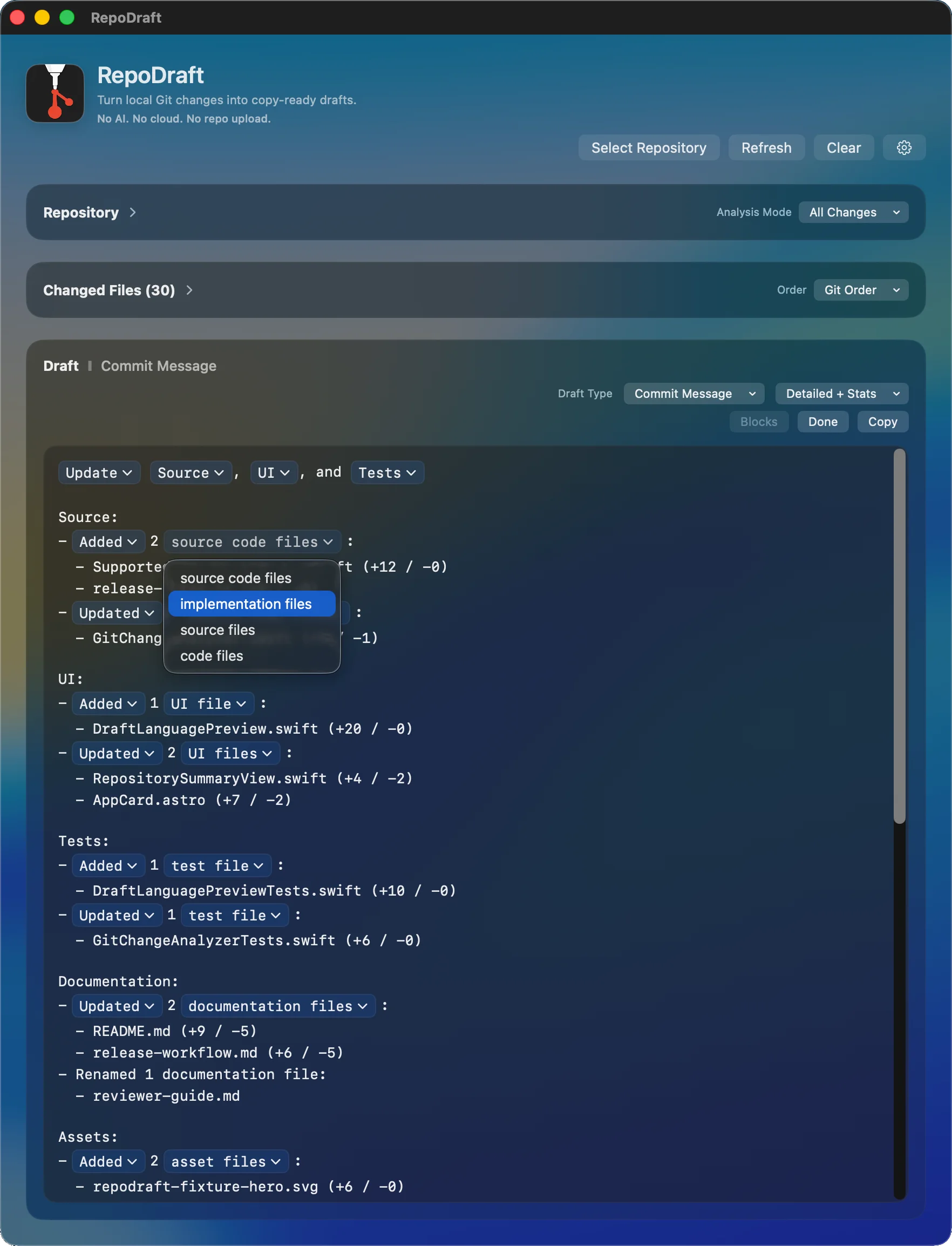 Edit Before You Copy. Adjust the draft manually or use structured Blocks for supported English commit messages.