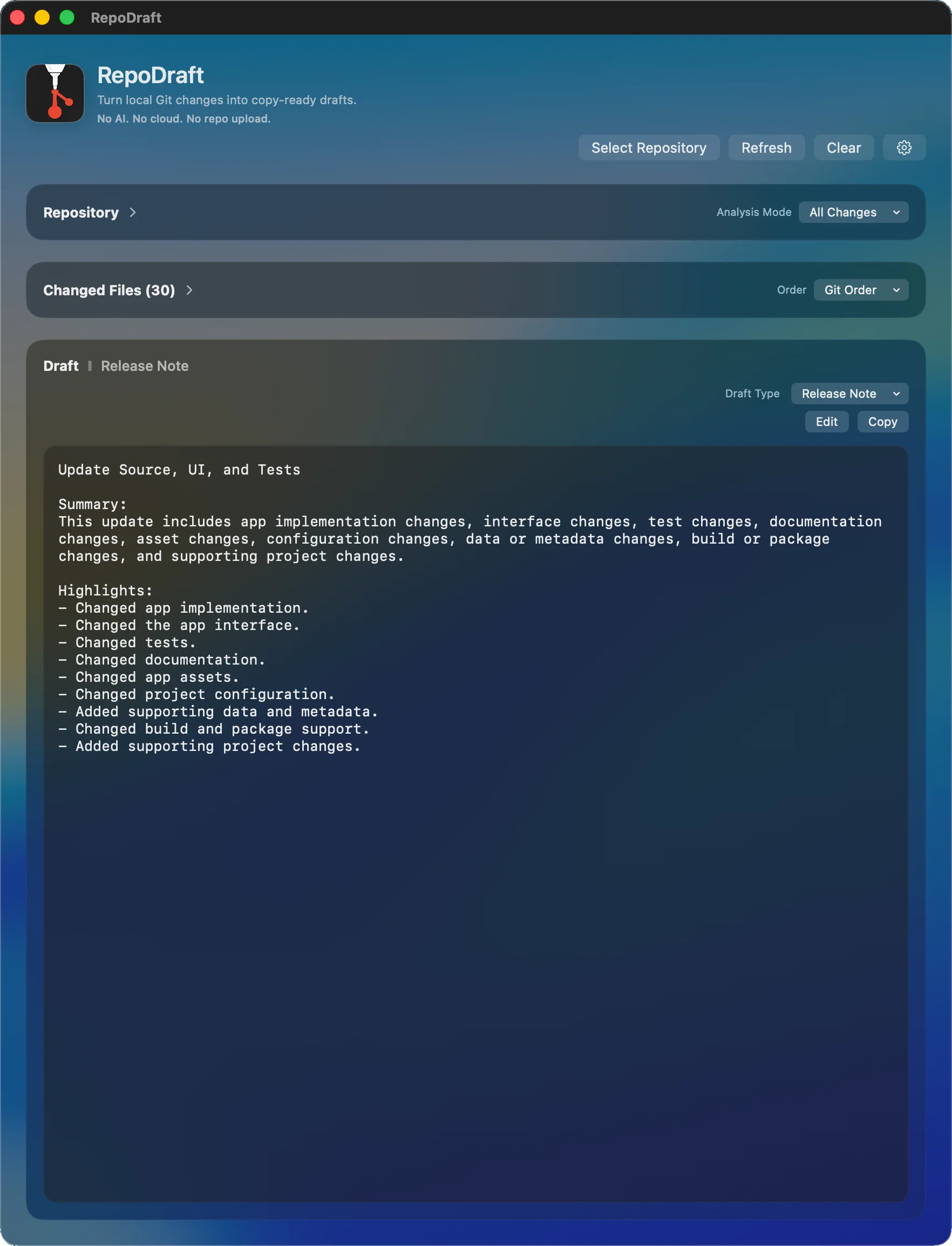 Release Summary Drafts. Turn detected change areas into a user-facing release-note starting point.